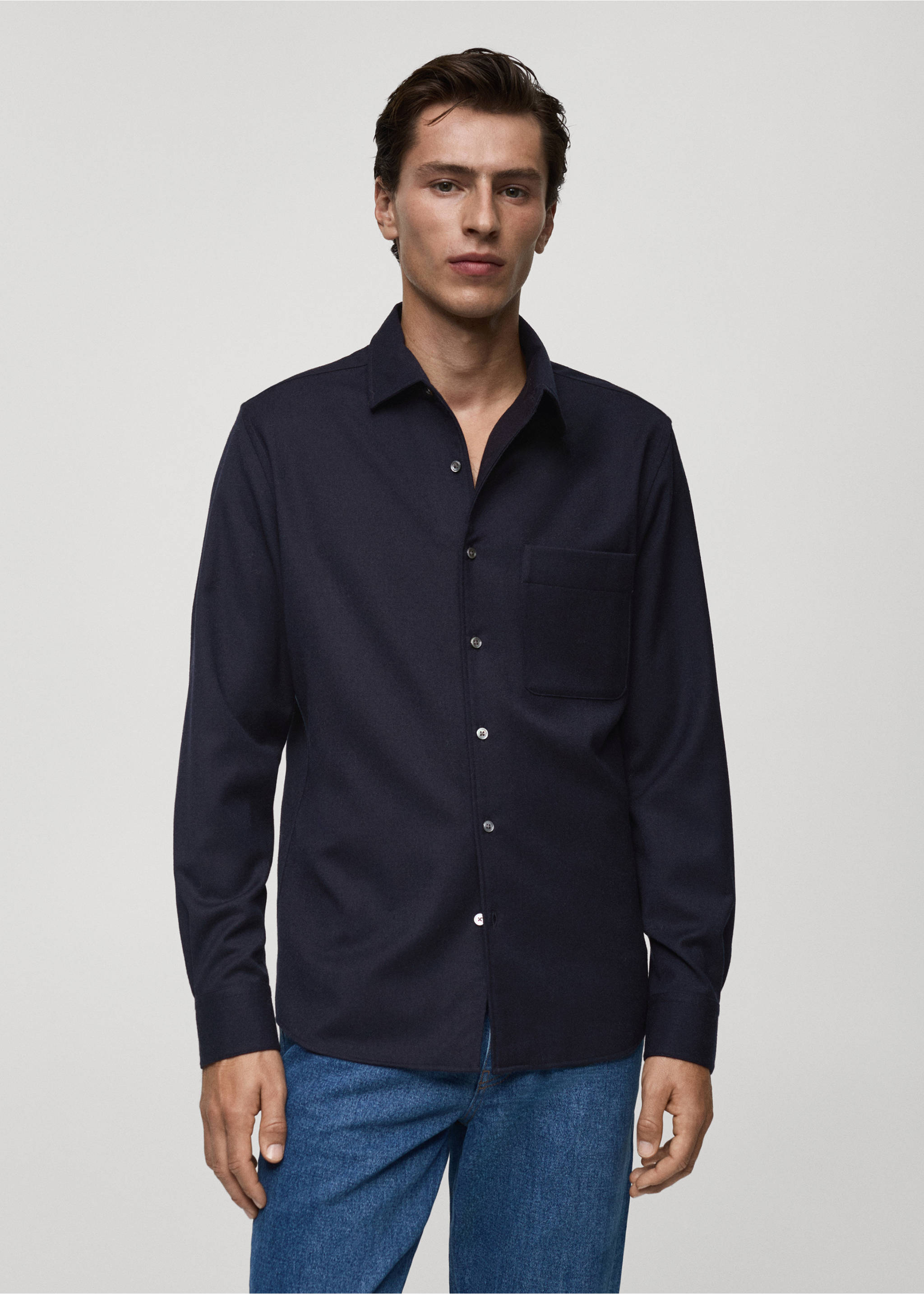 100% wool shirt with pocket - Medium plane, Dark Navy. Ref: 77068633-00.