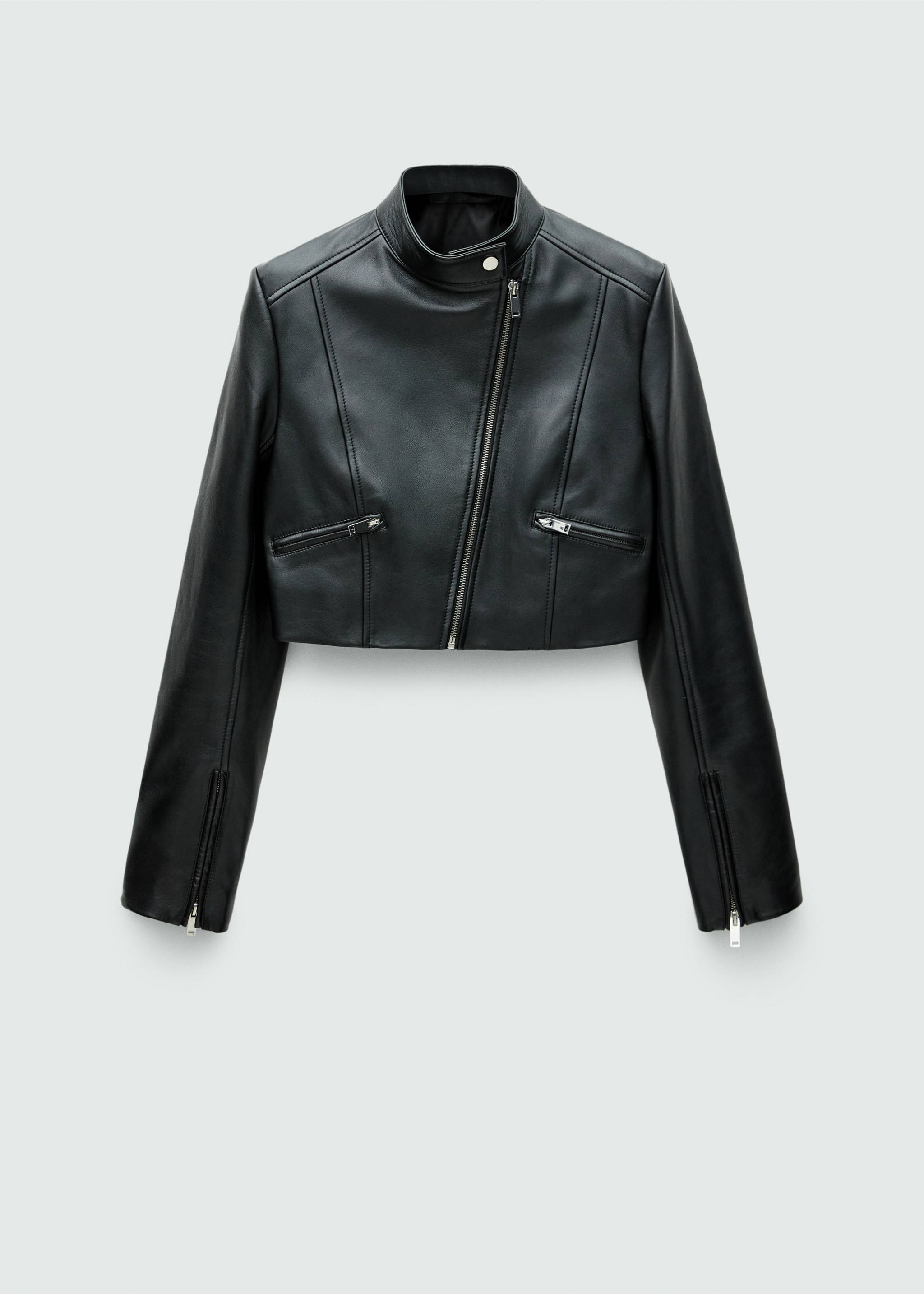 Cropped leather biker jacket - Article without model, Black. Ref: 77069069-00.
