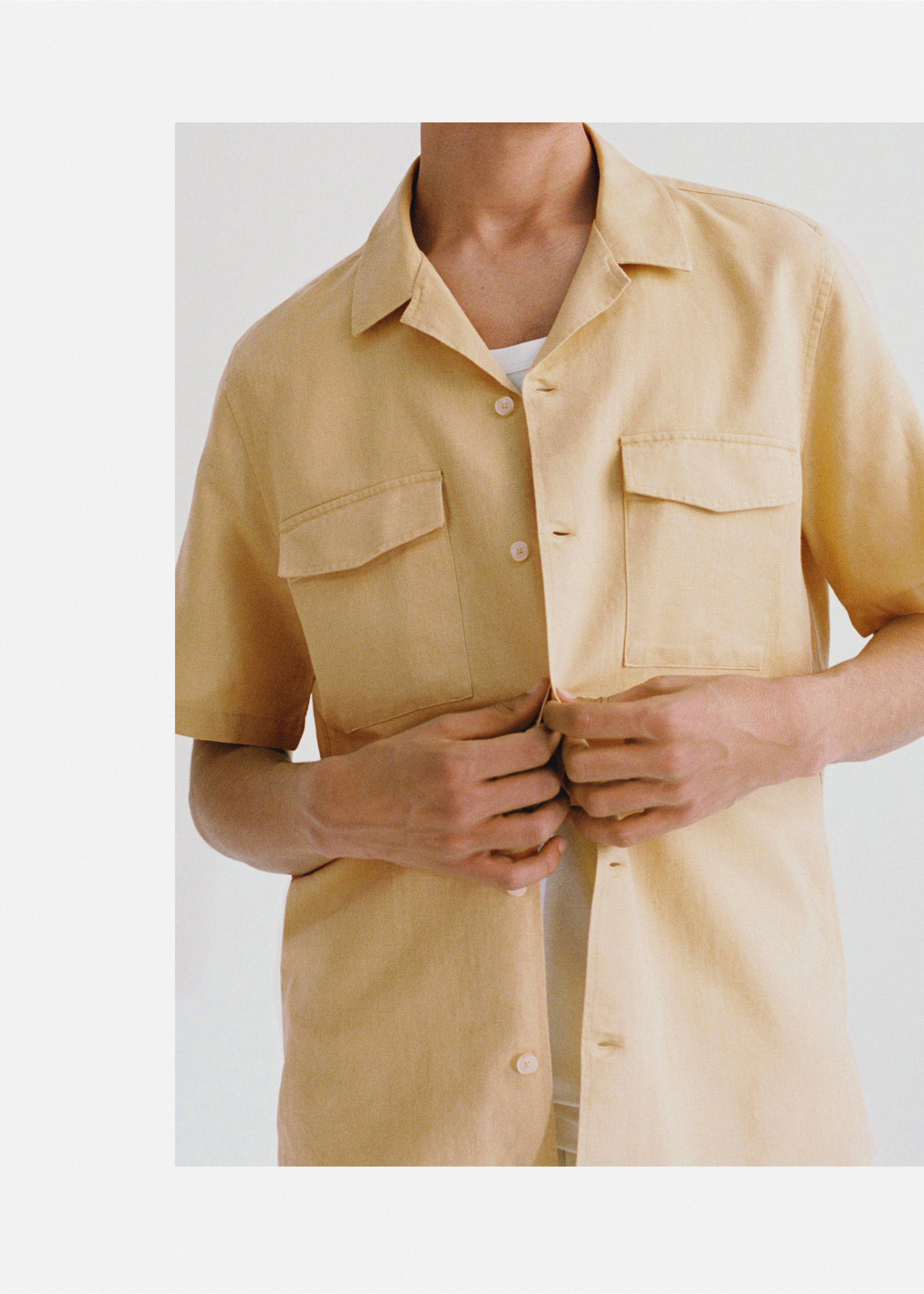 Camisa regular fit lino algodón - Detalle del artículo 3, Ocre. Ref: 77070571-00.