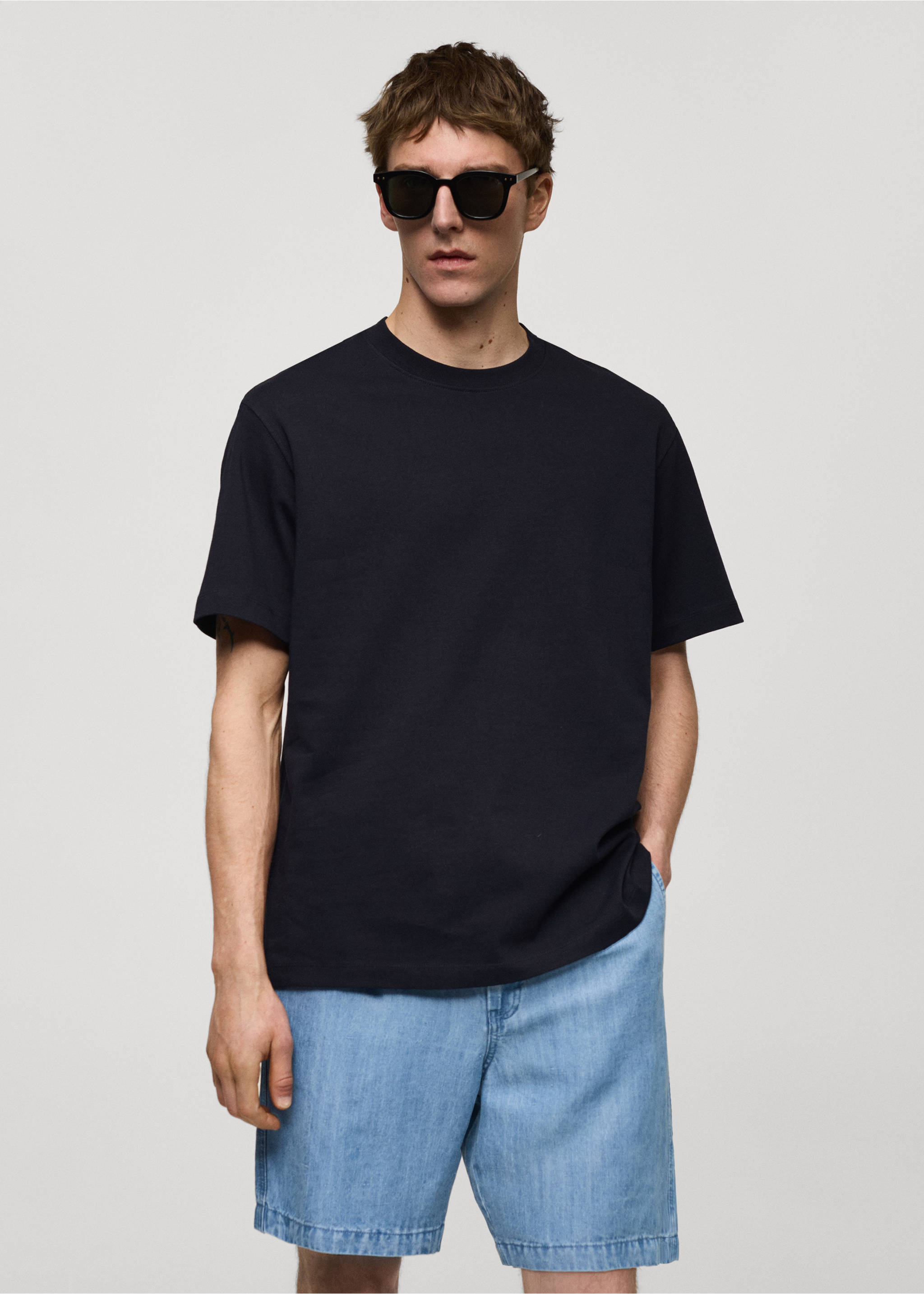 Basic 100% cotton relaxed-fit t-shirt - Medium plane, Navy. Ref: 77070586-00.