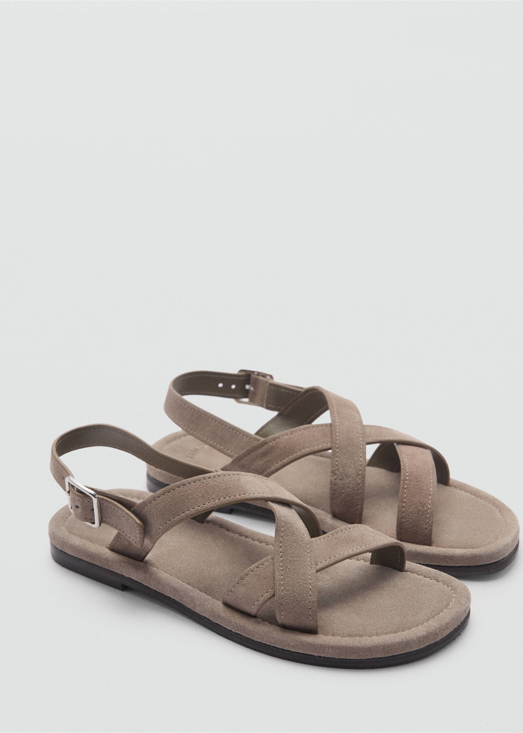 Suede leather sandals with crossed straps - Medium plane, Medium Brown. Ref: 77070616-00.
