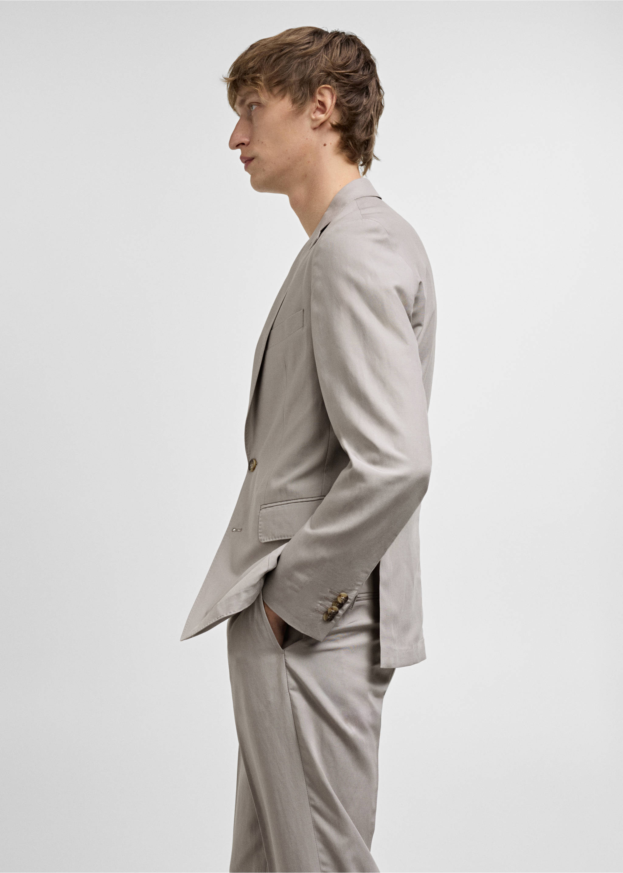 Slim-fit linen-blend suit jacket - Details of the article 2, Light/Pastel Grey. Ref: 77072532-00.