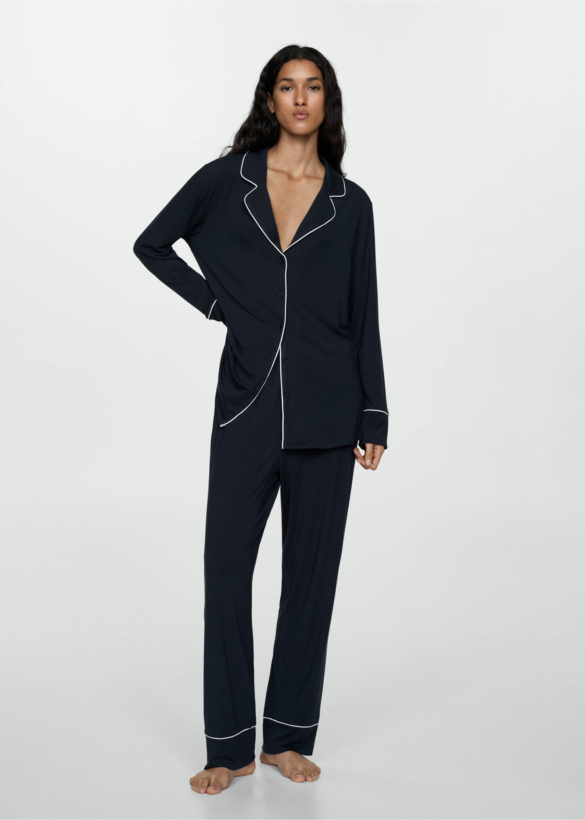Pijama dos piezas ribete - Plano general, Azul marino oscuro. Ref: 77073289-00.