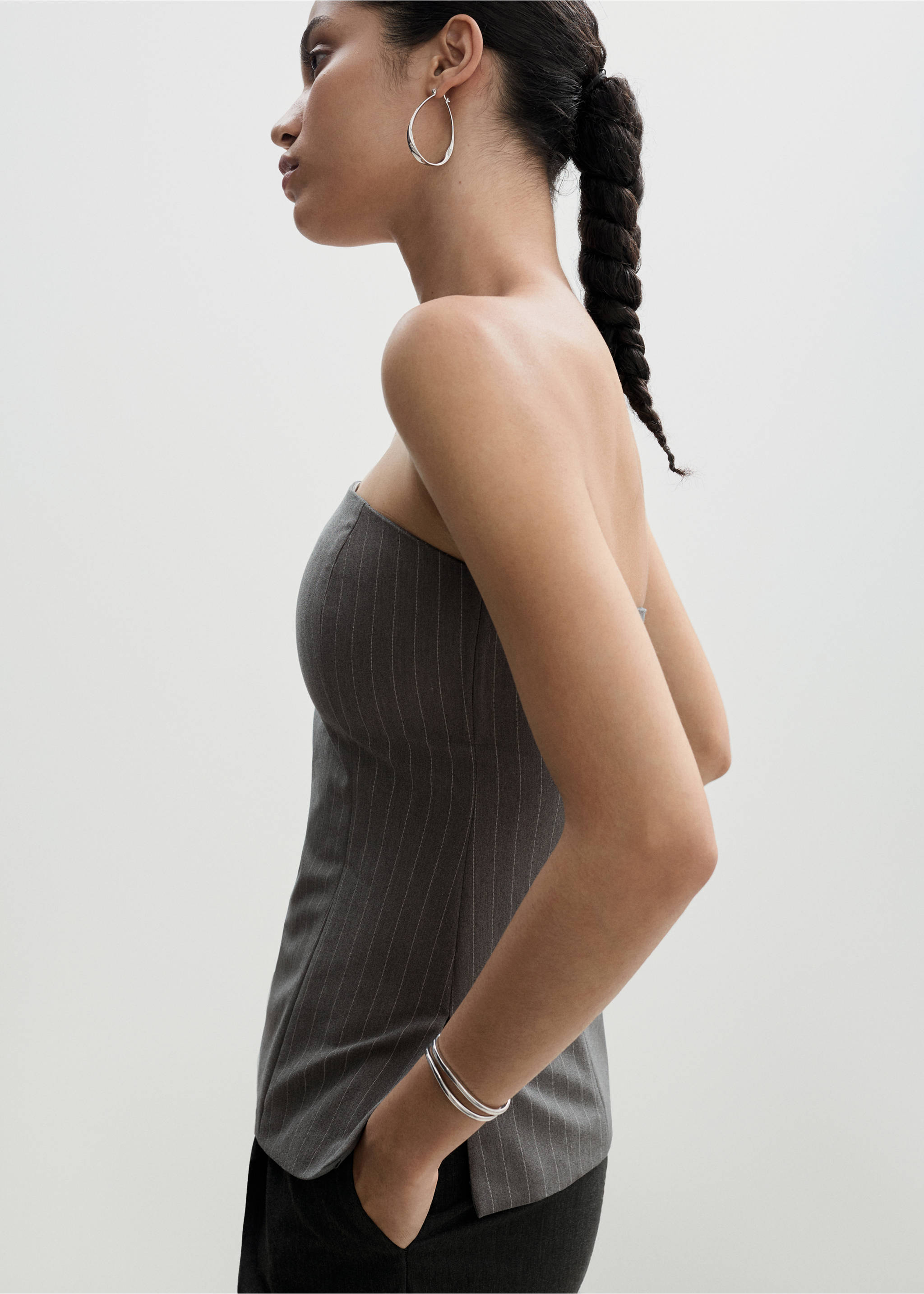 Strapless top with pinstripe - Details of the article 2, Grey. Ref: 77074029-00.