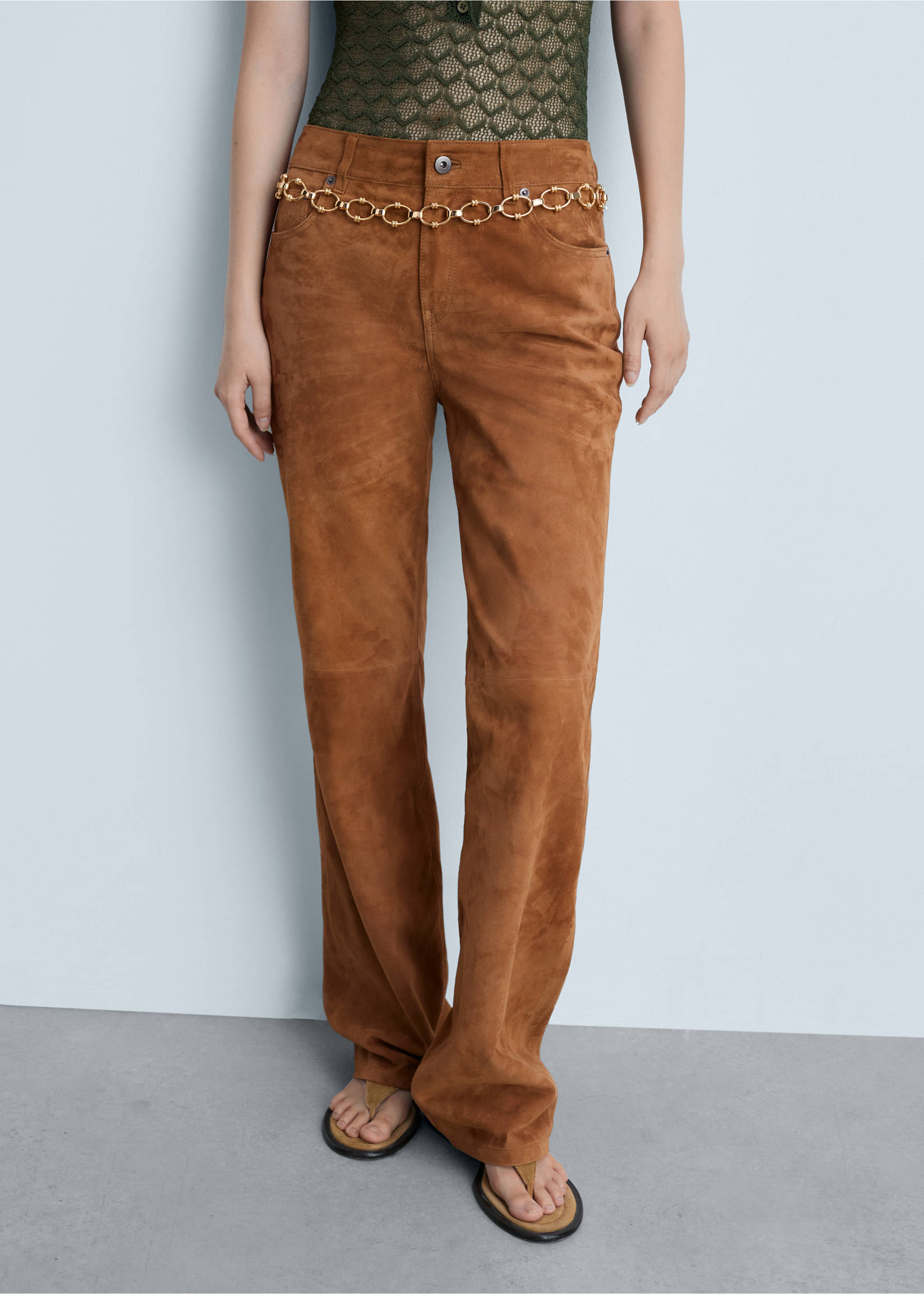 Straight-fit leather trousers - Medium plane, Medium Brown. Ref: 77074059-00.
