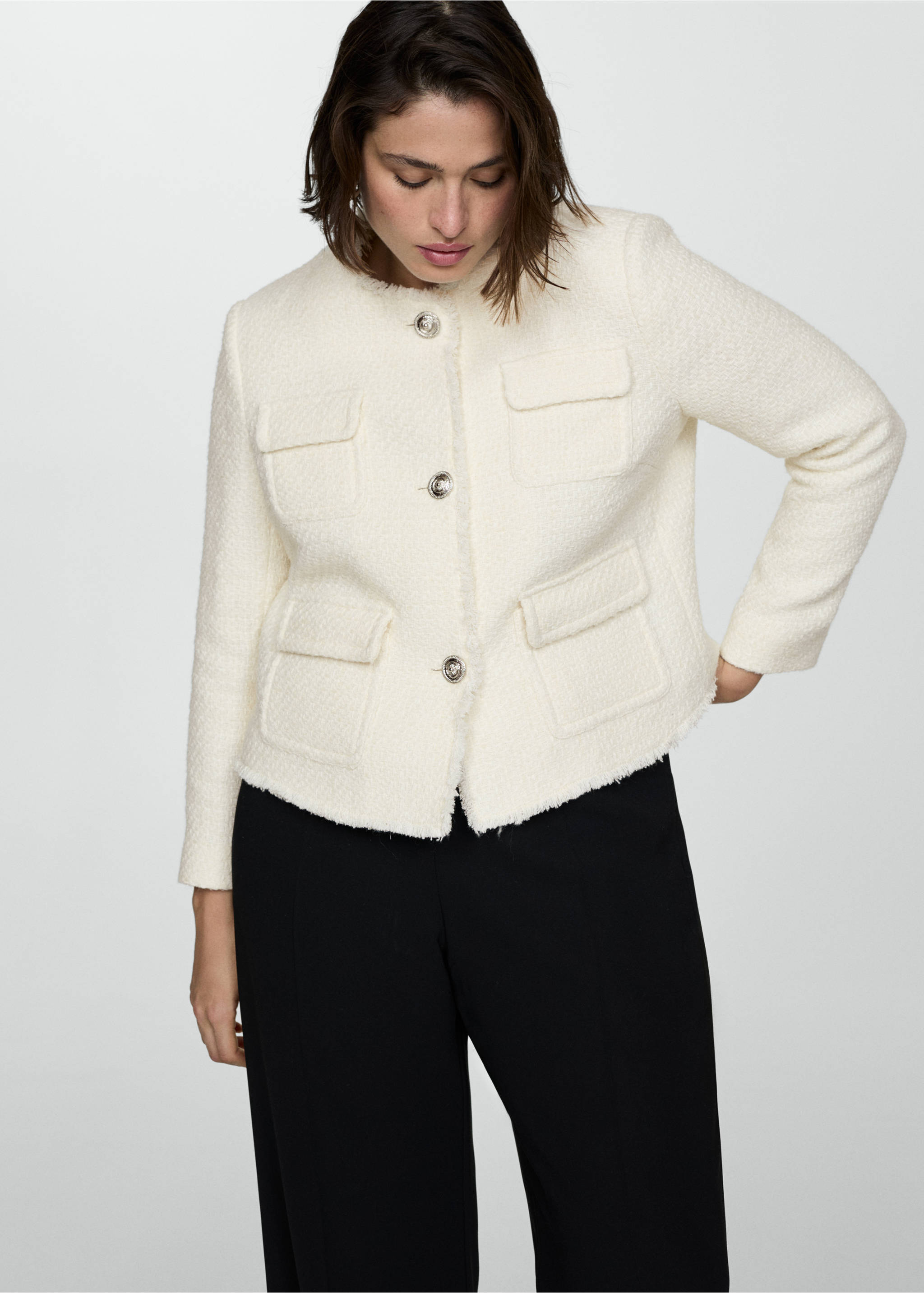 Chaqueta tweed bolsillos - Detalle del artículo 5, Crudo. Ref: 77074067-00.