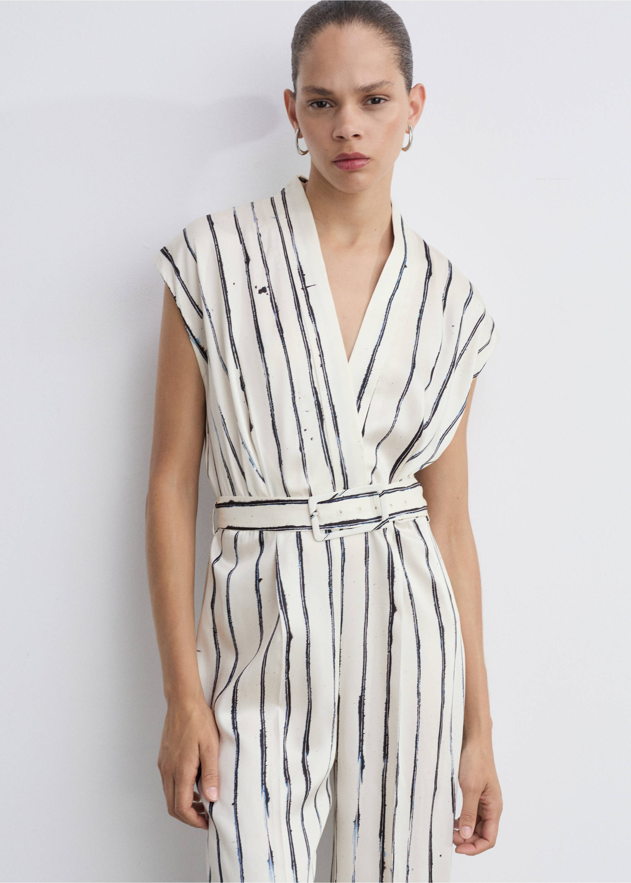 Striped satin jumpsuit - Medium plane, White. Ref: 77074069-00.
