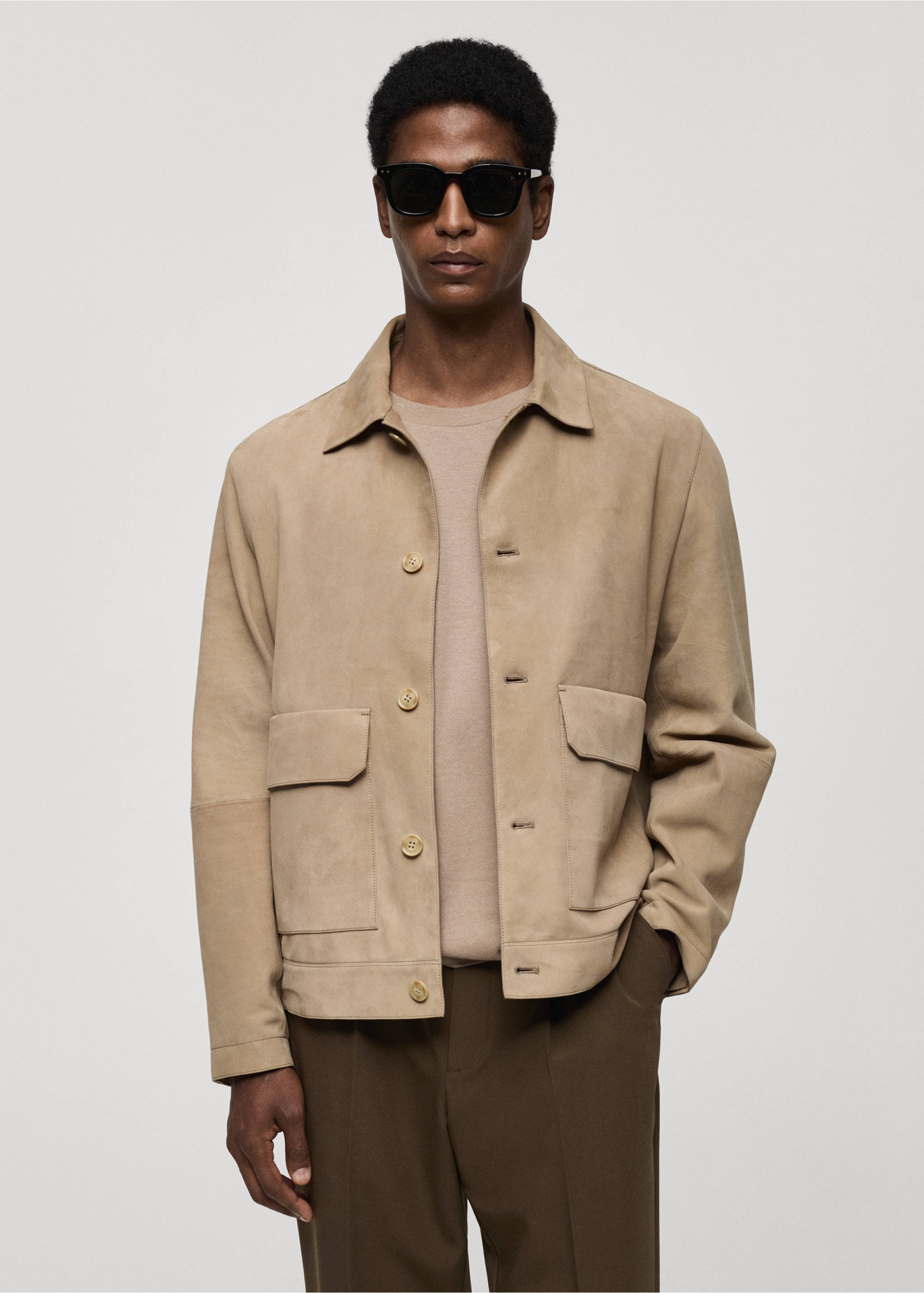 Blouson 100 % cuir daim poches - Plan moyen, Gris clair/pastel. Ref: 77074433-00.