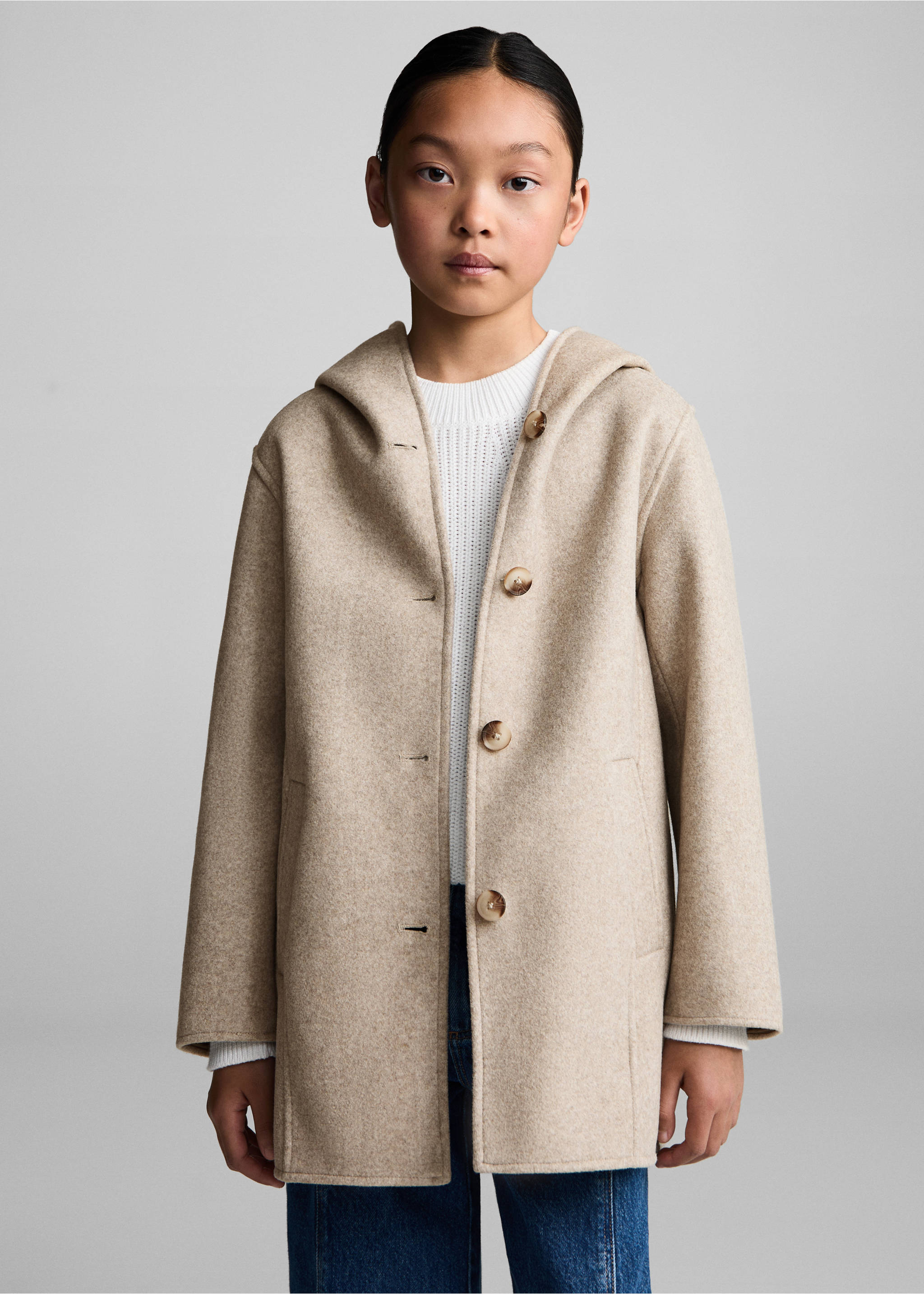Hooded button coat - Medium plane, Beige. Ref: 77074441-00.