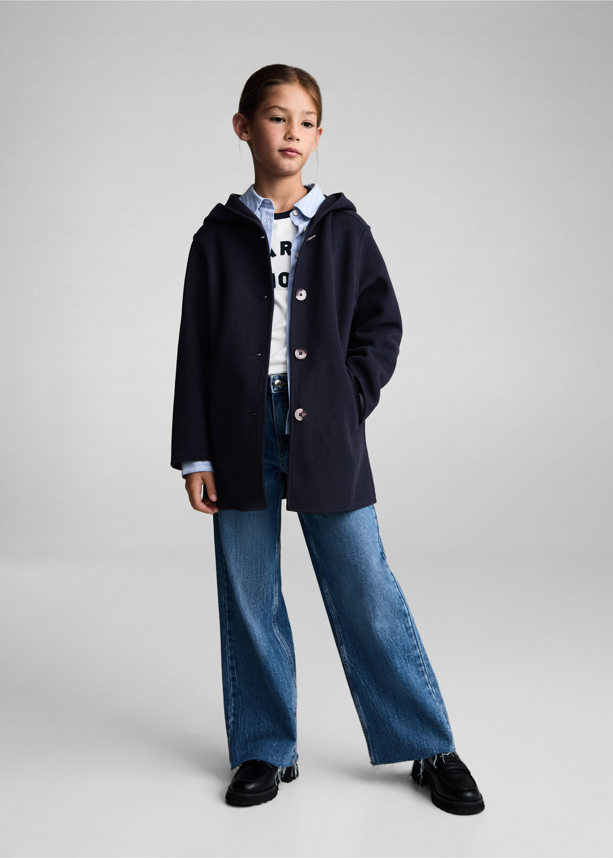 Manteau capuche boutons - Plan général, Bleu marine foncé. Ref: 77074441-00.