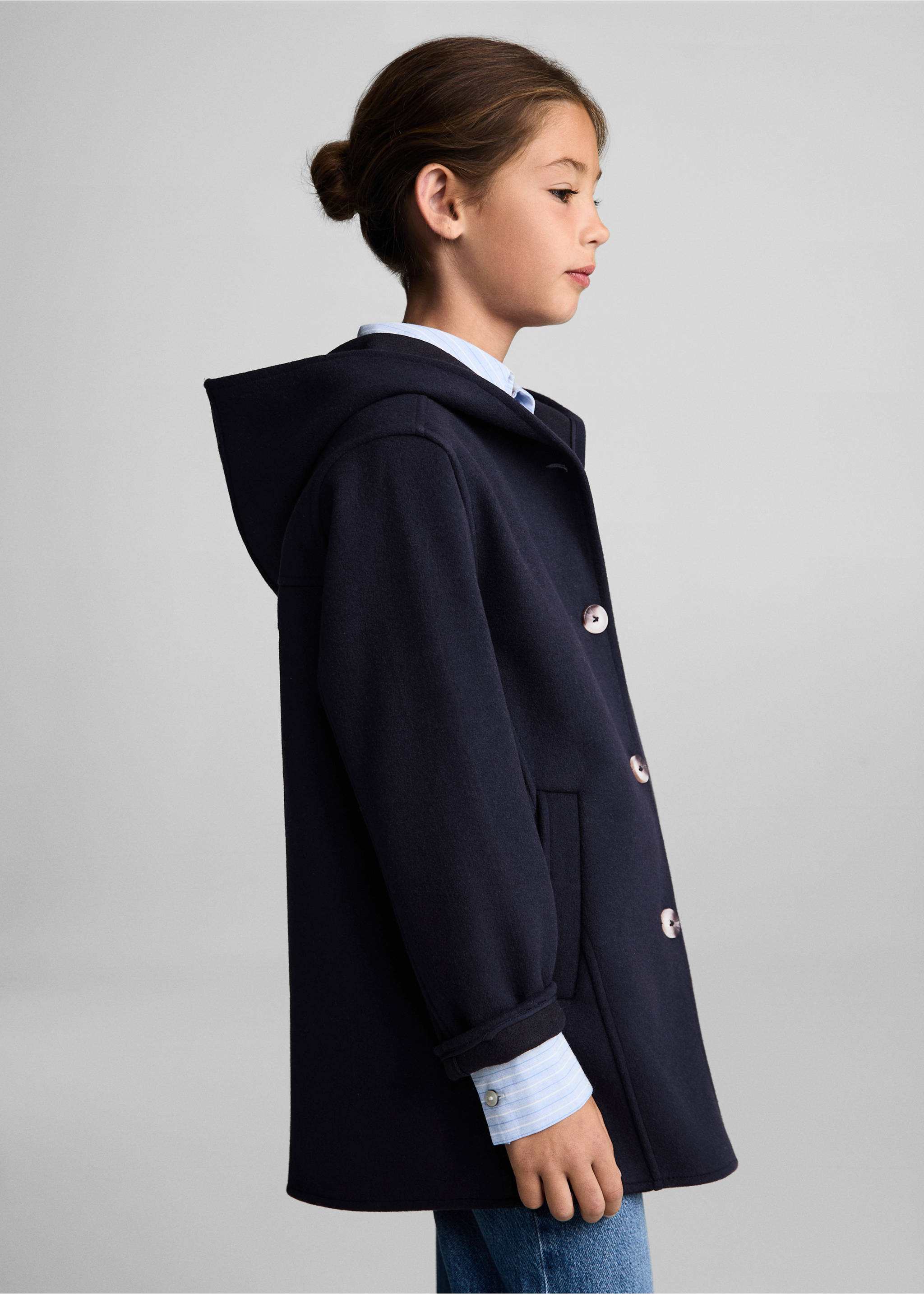 Manteau capuche boutons - Plan moyen, Bleu marine foncé. Ref: 77074441-00.