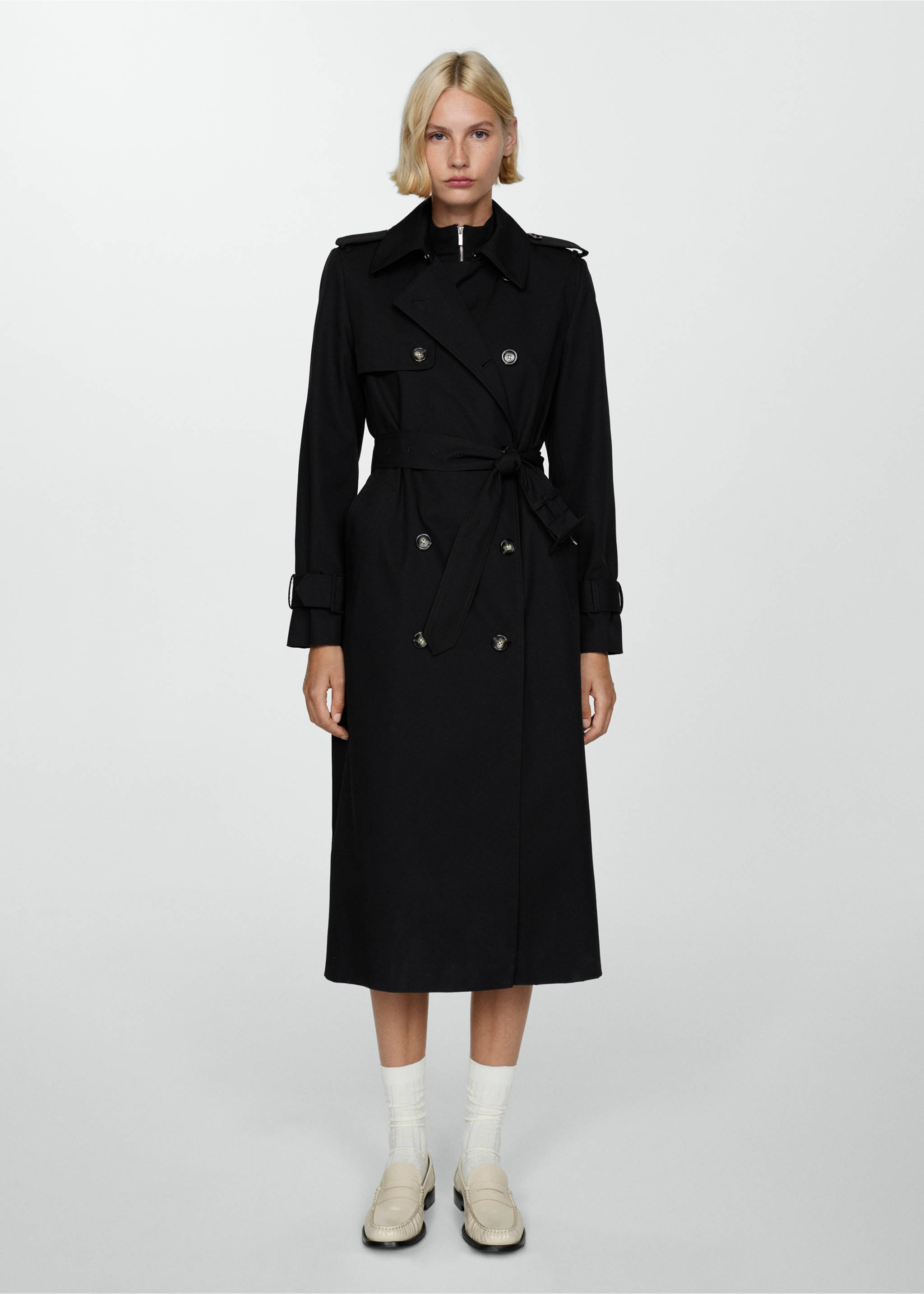Double-breasted cotton trench coat - General plane, Black. Ref: 77074764-00.