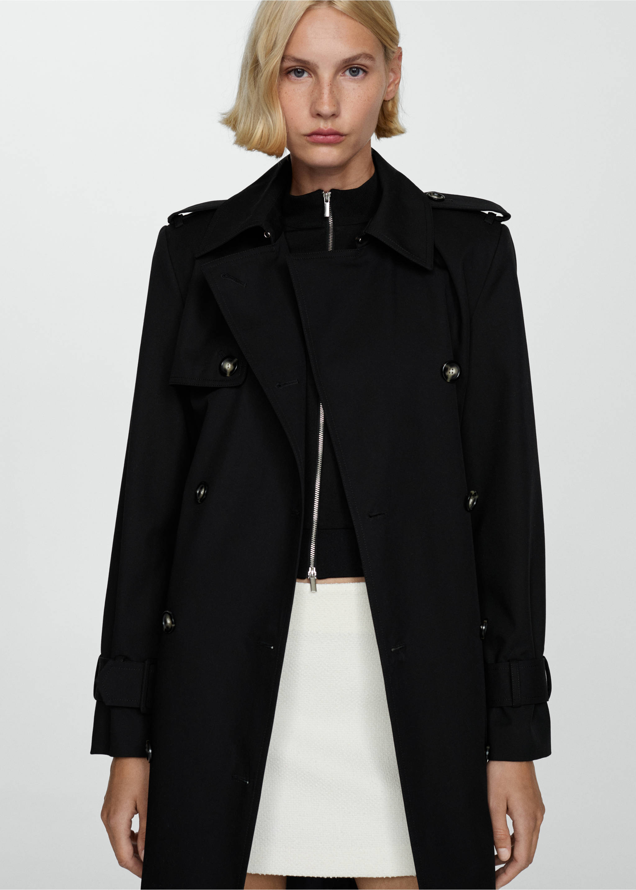 Double-breasted cotton trench coat - Medium plane, Black. Ref: 77074764-00.