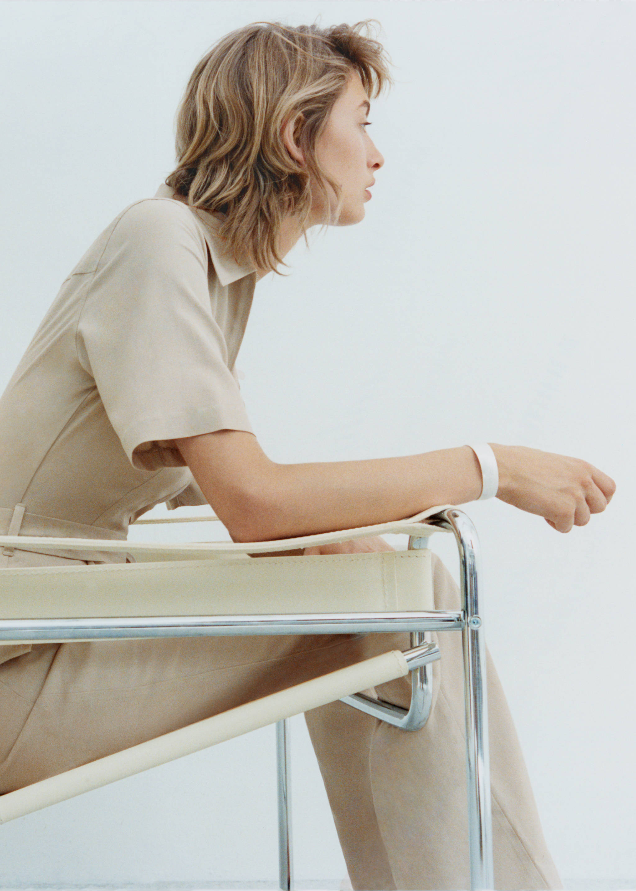 Lyocell shirt-collar jumpsuit - Details of the article 6, Beige. Ref: 77074770-00.
