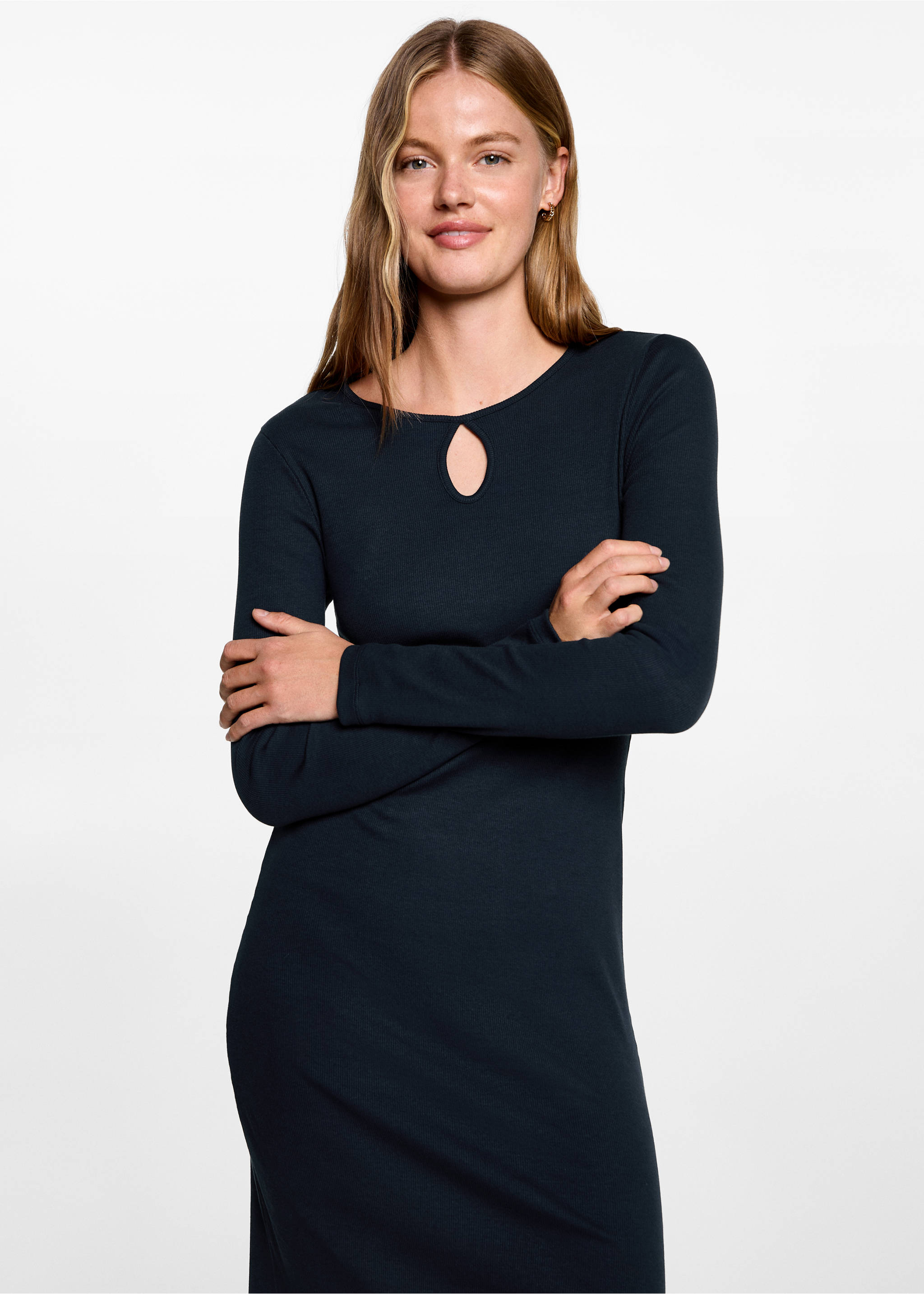 Midi-dress with teardrop neckline - Medium plane, Dark Navy. Ref: 77074786-00.