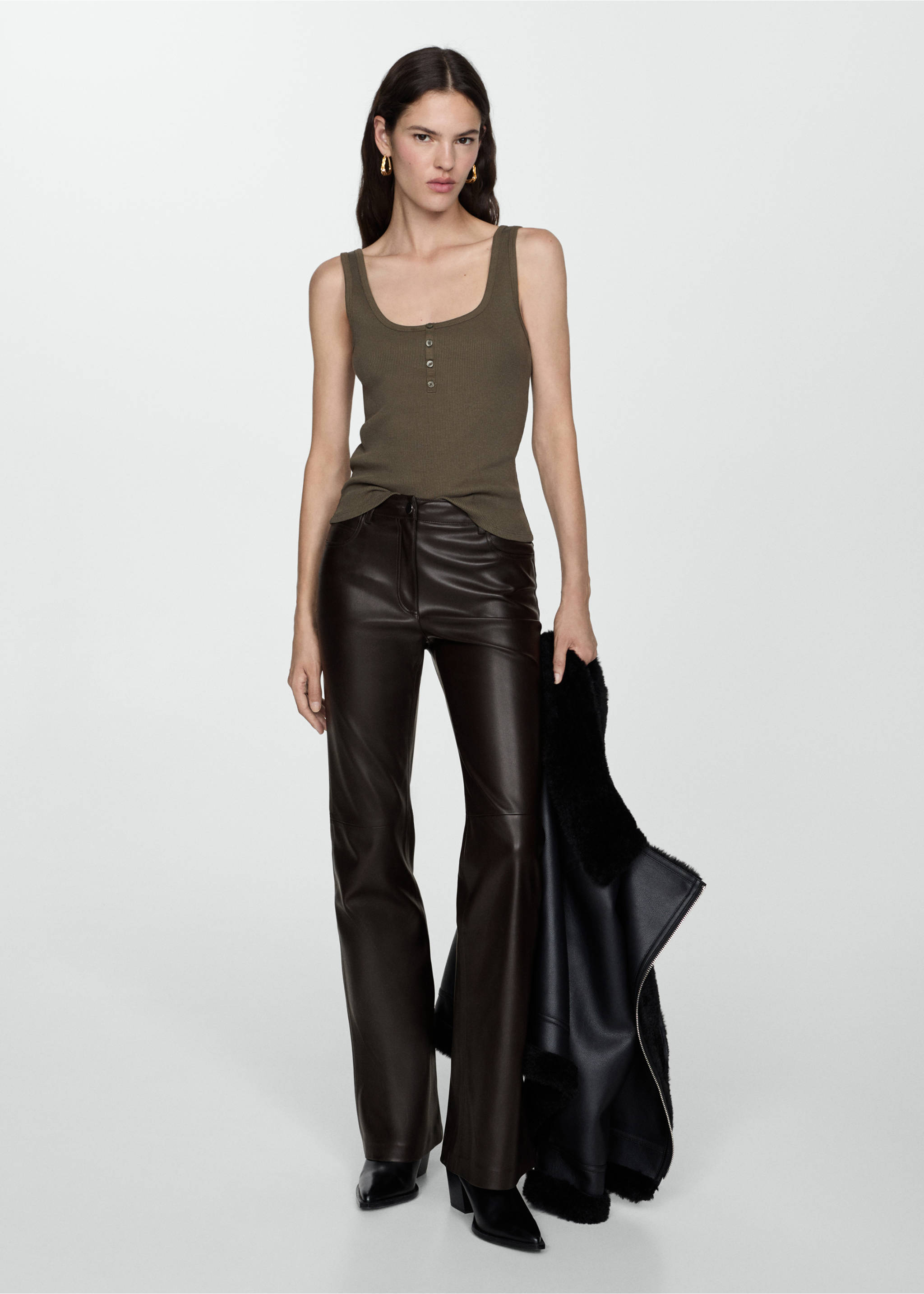 Flared broek met leereffect - Overzichtstekening, Chocoladebruin. Ref: 77075664-00.