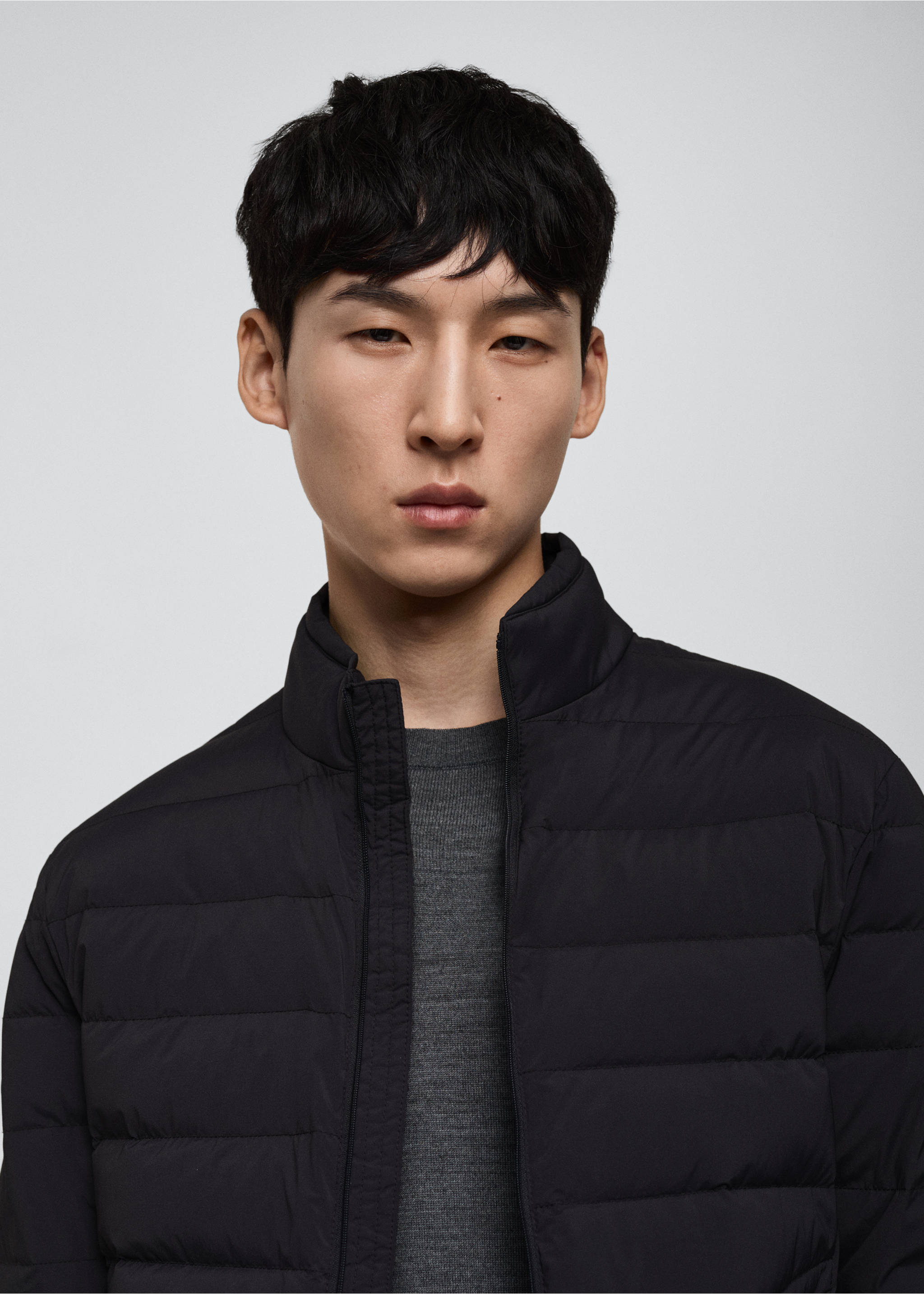 Quilted jacket with feather filling - Details of the article 1, Charcoal. Ref: 77075959-00.