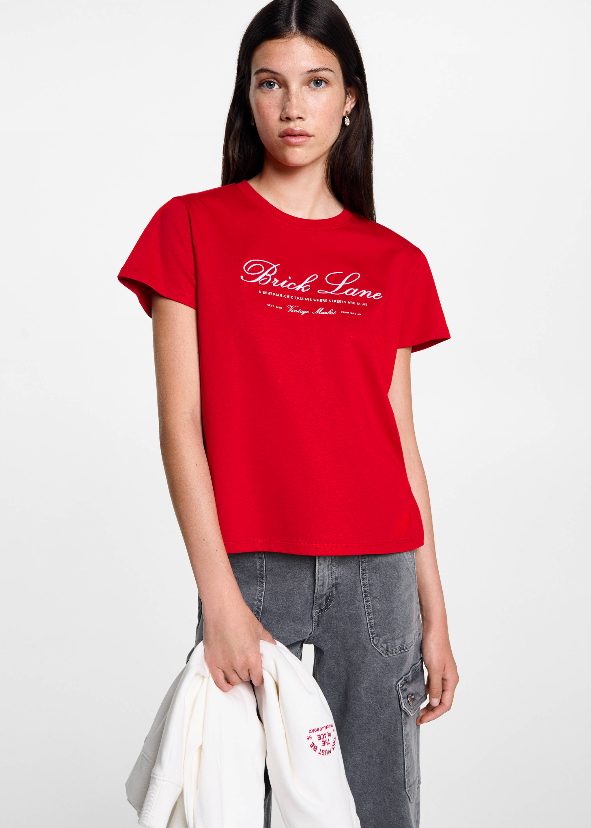 Embroidered detail cotton T-shirt - Medium plane, Red. Ref: 77075992-00.