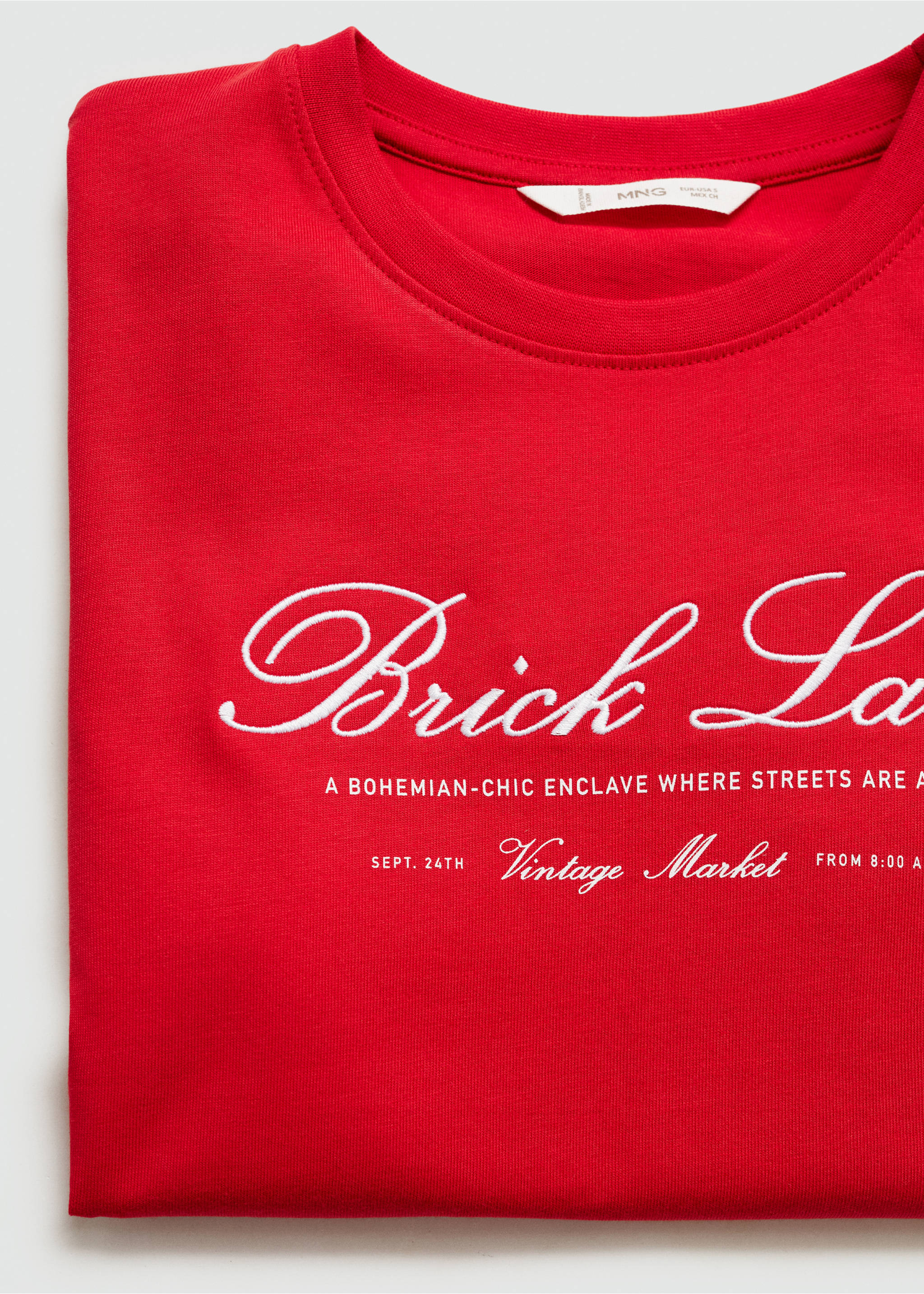 Embroidered detail cotton T-shirt - Details of the article 0, Red. Ref: 77075992-00.