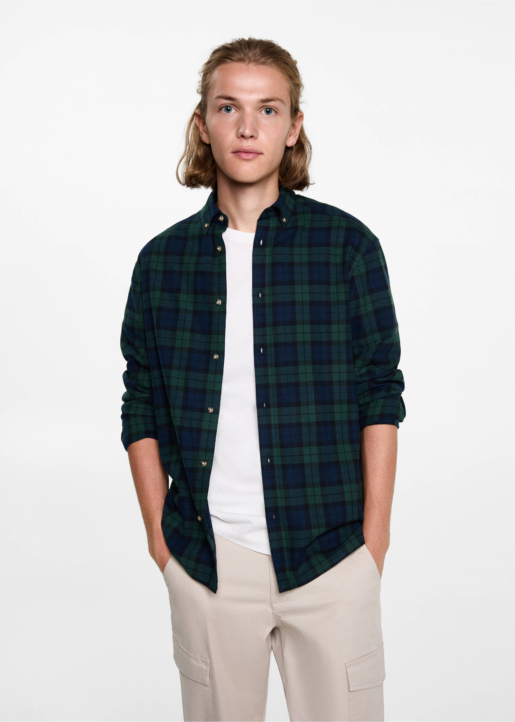 Kariertes Baumwollhemd - Mittlere Ansicht, Grün. Ref: 77076350-00.