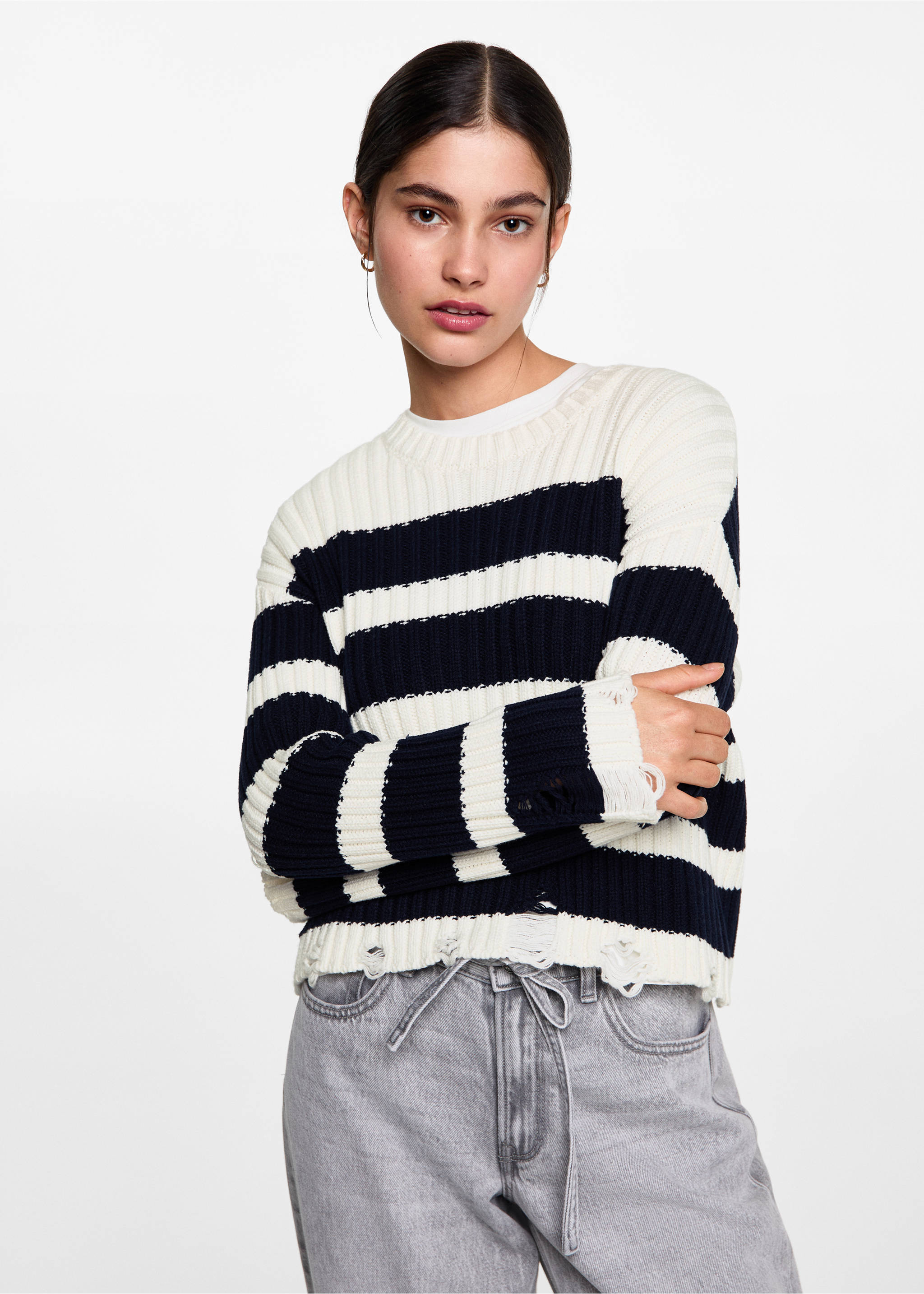 Knit striped sweater - Medium plane, Dark Navy. Ref: 77076736-00.