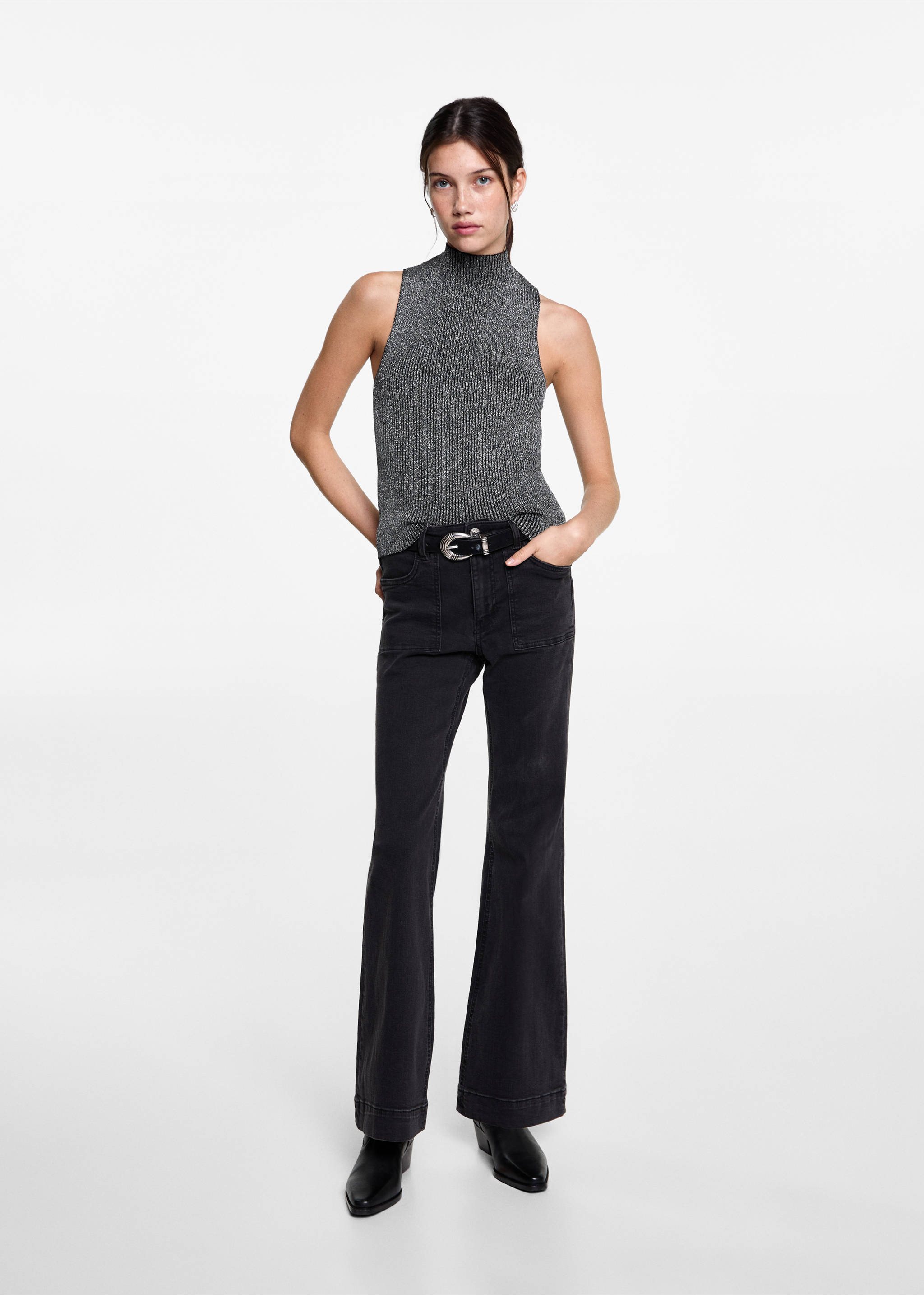 Lurex top met col - Overzichtstekening, Zwart. Ref: 77076741-00.