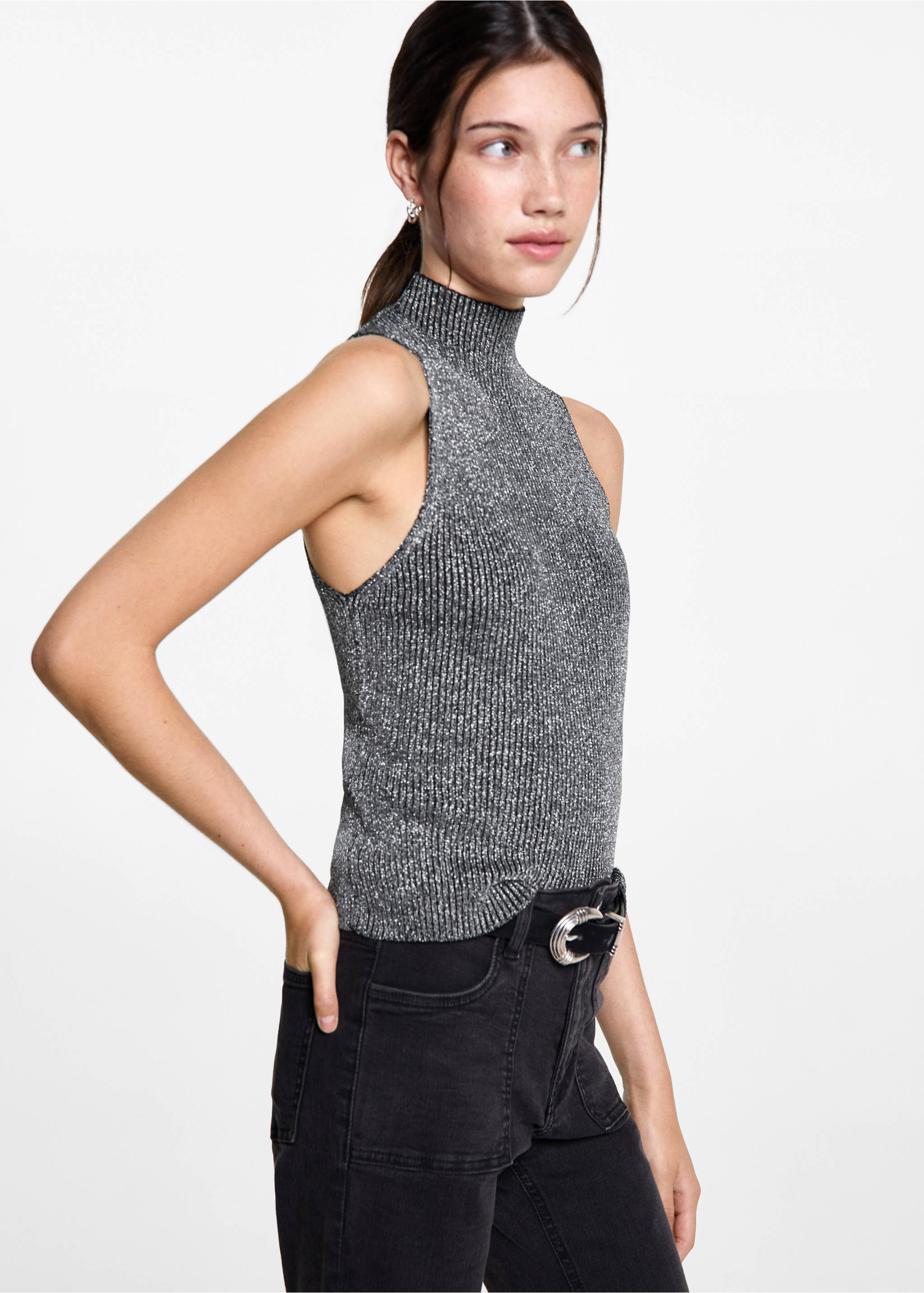 Lurex top met col - Middenvlak, Zwart. Ref: 77076741-00.