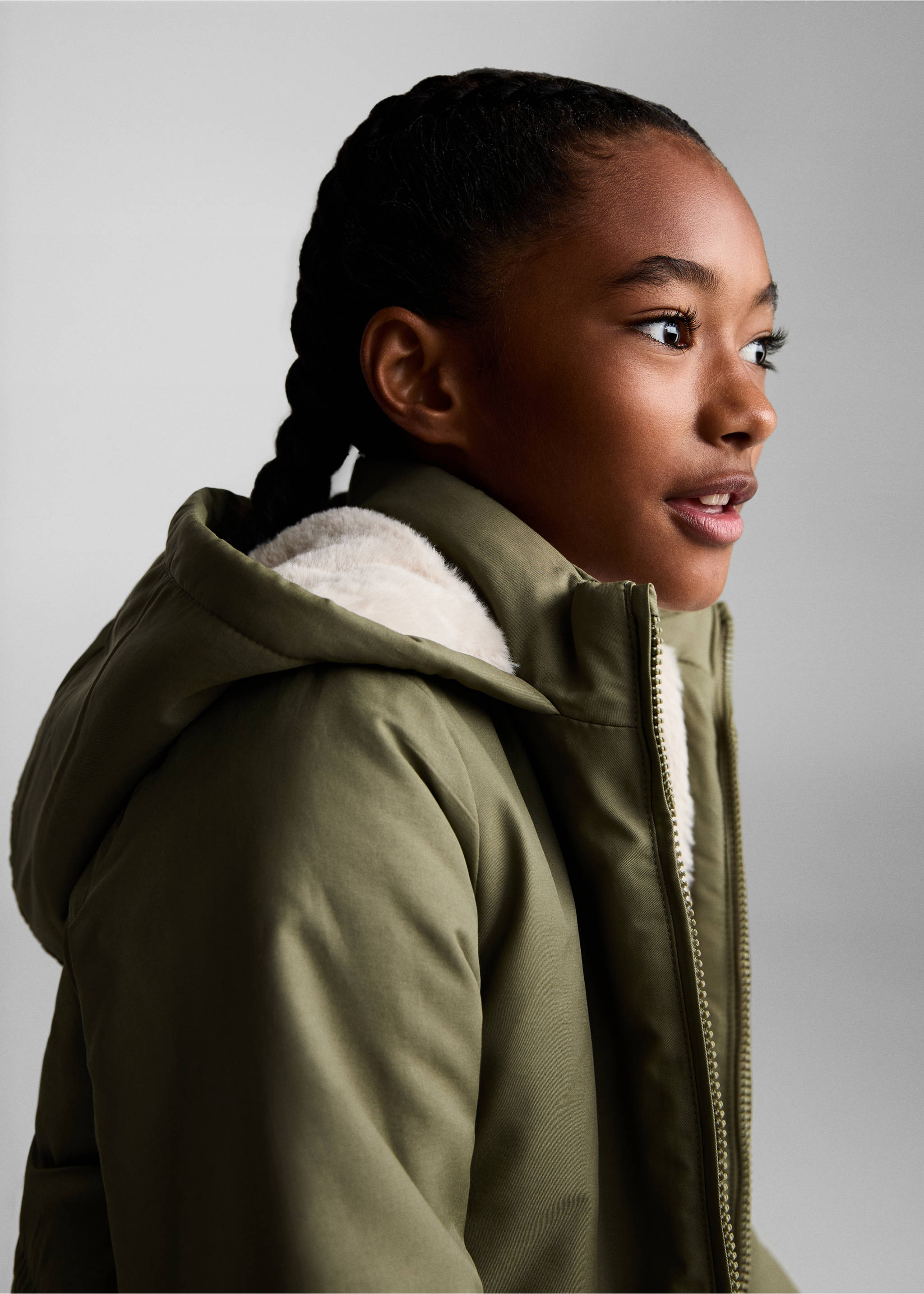 barn jacket with fur-effect lining - Details of the article 1, Khaki. Ref: 77077641-00.