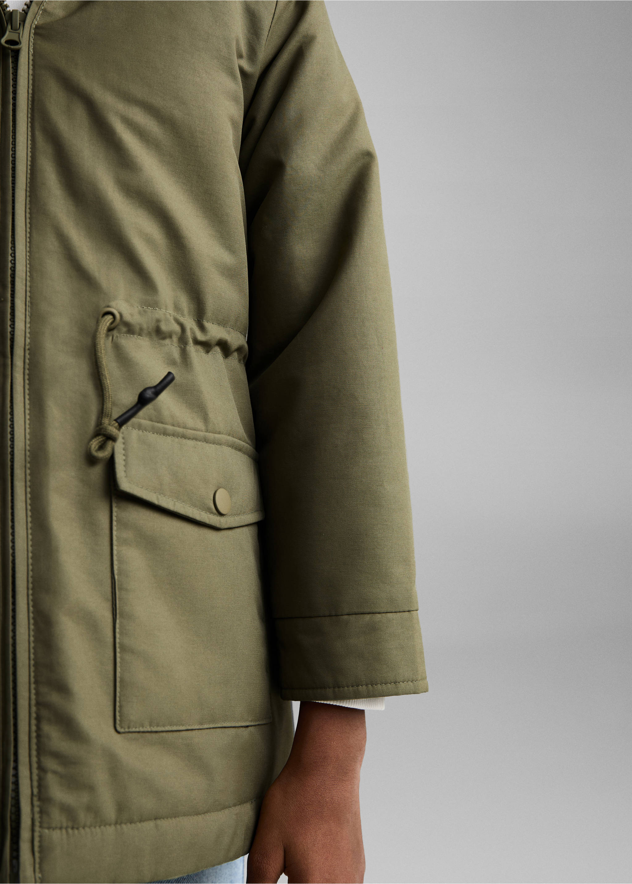 barn jacket with fur-effect lining - Details of the article 6, Khaki. Ref: 77077641-00.