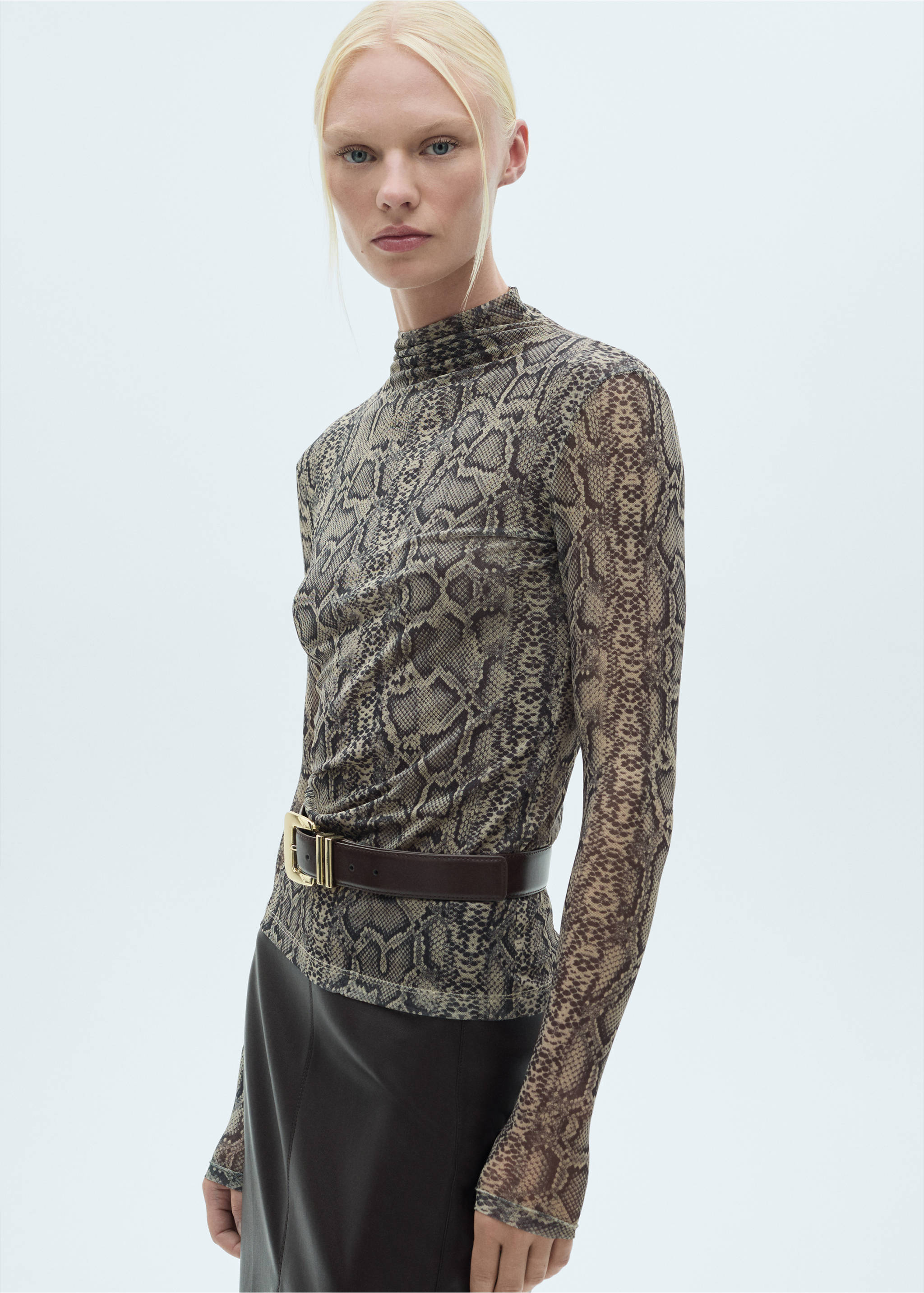 Animal print perkins neck t-shirt - Medium plane, Grey. Ref: 77077679-00.