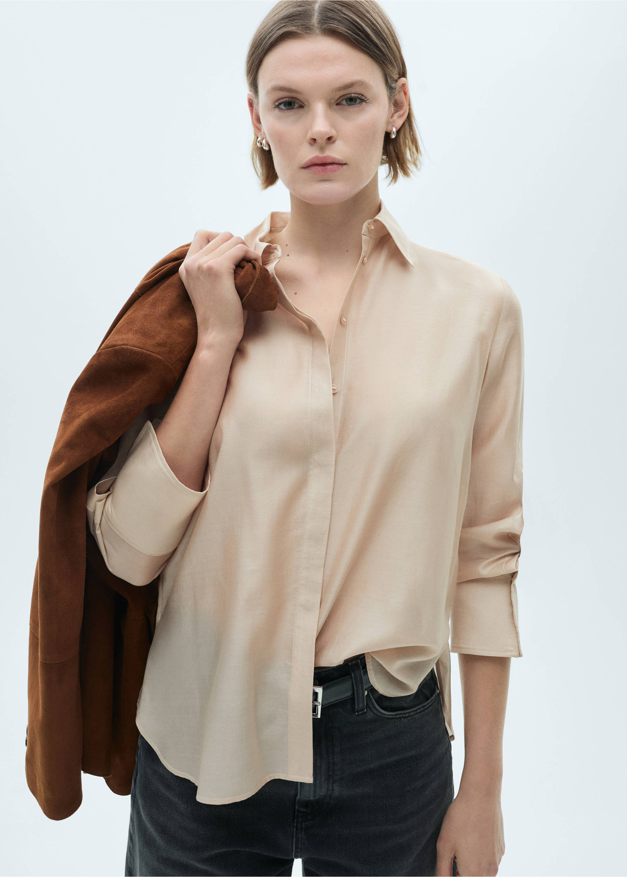 Satin lyocell shirt - Medium plane, Beige. Ref: 77077680-00.