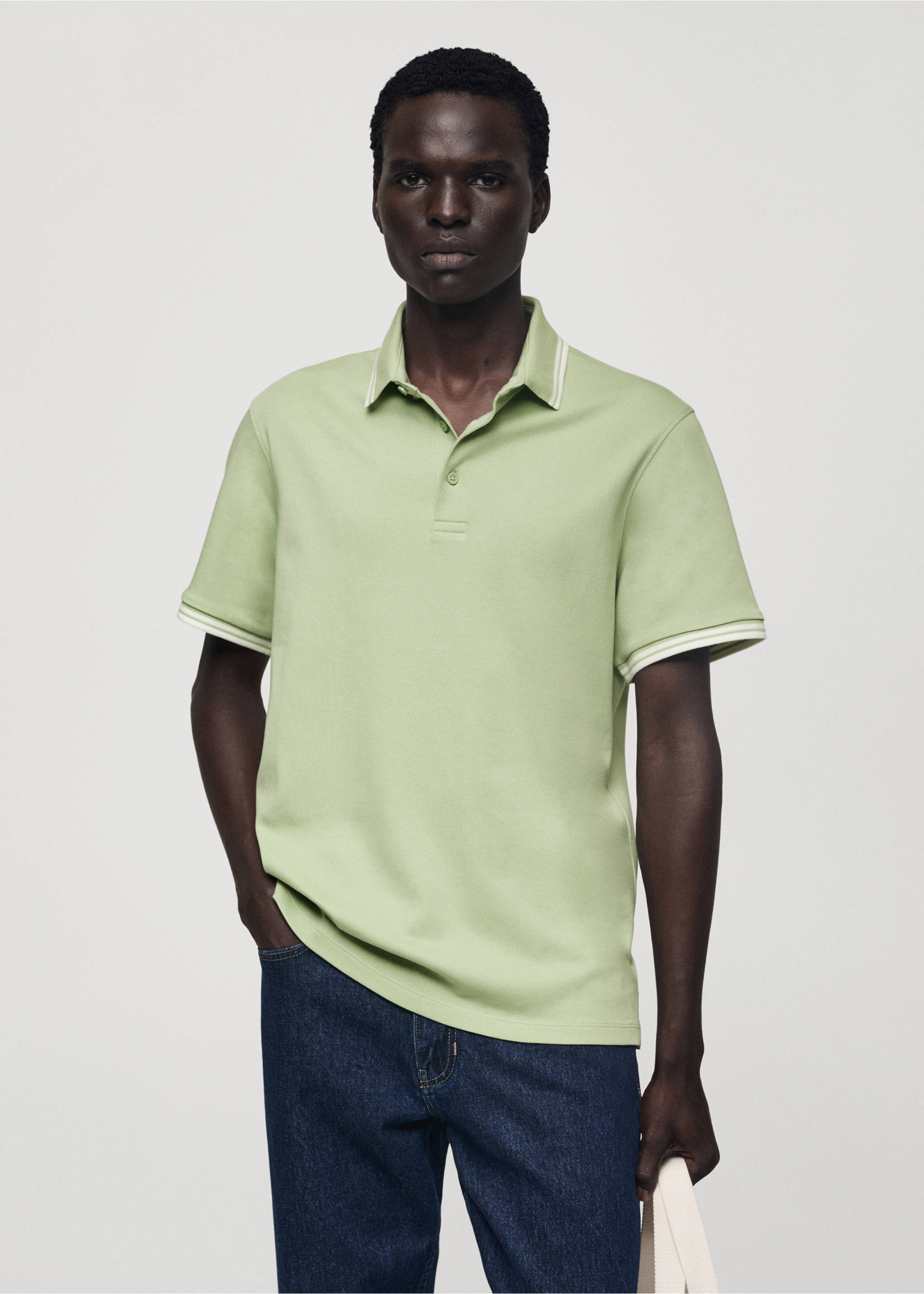 100% cotton polo shirt with contrast piping - Medium plane, Pastel Green. Ref: 77077681-00.