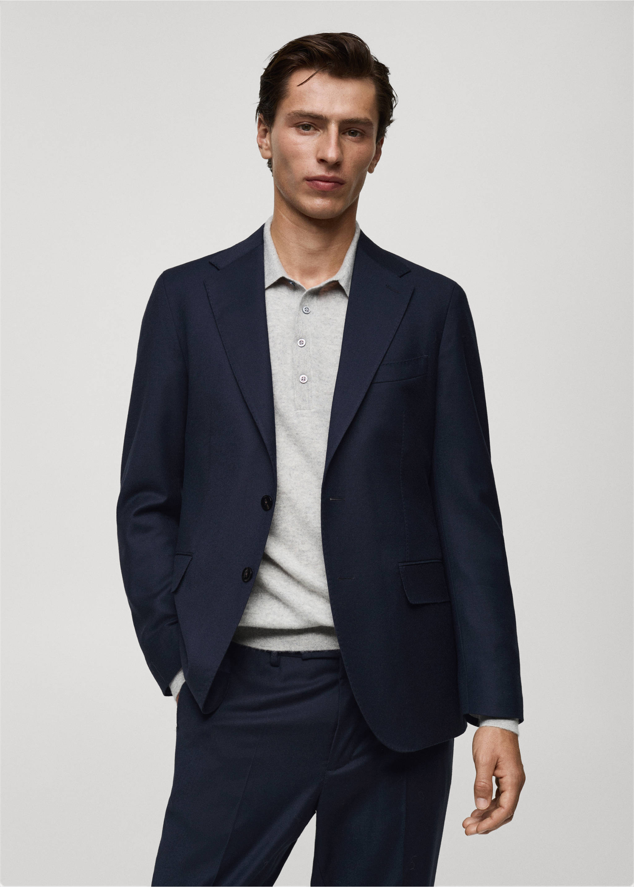 Blazer de fato de flanela de 100% lã italiana - Plano médio, Azul-marinho escuro. Ref: 77077916-00.