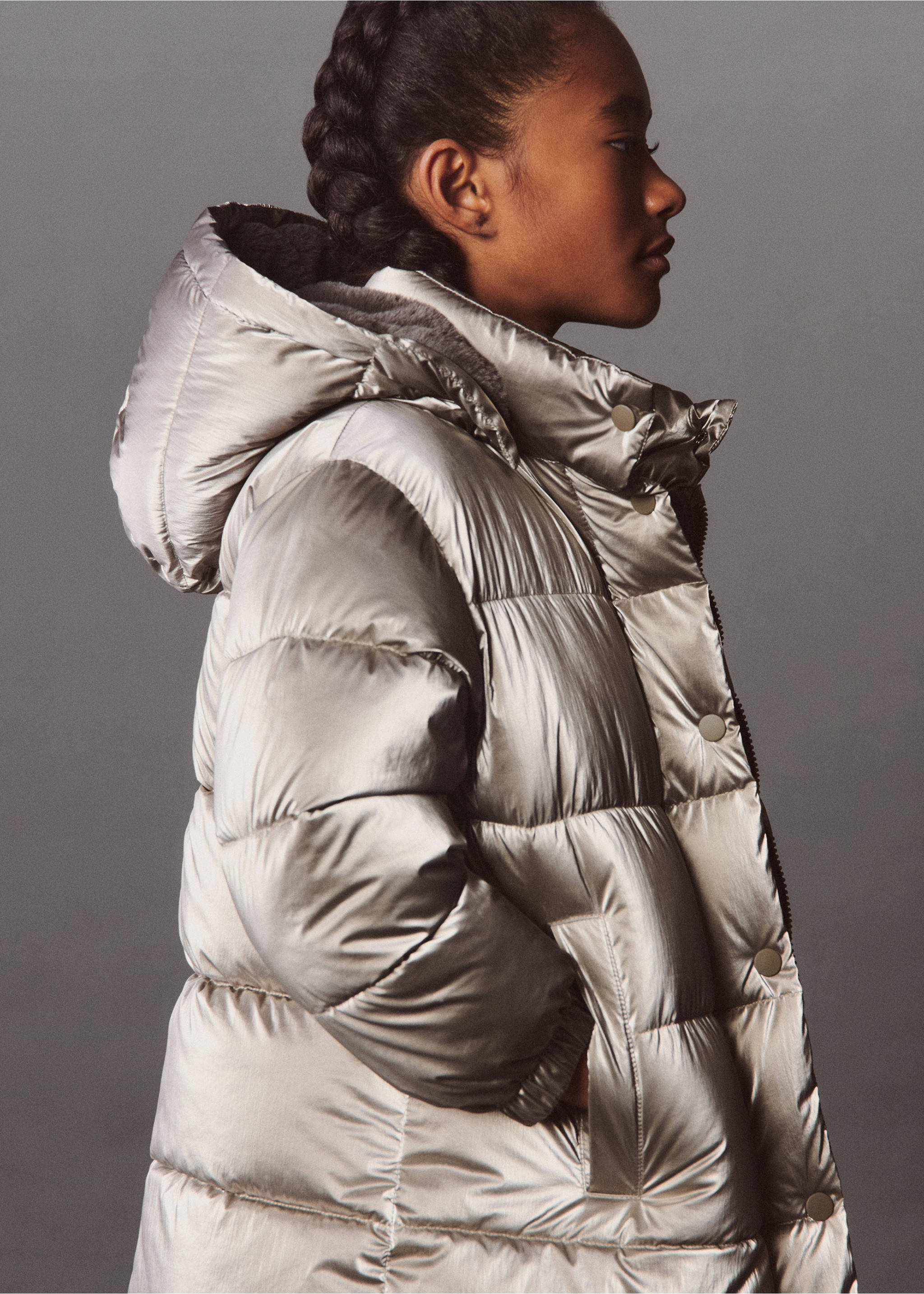 Metallic puffer jacket - Details of the article 5, Silver. Ref: 77077918-00.