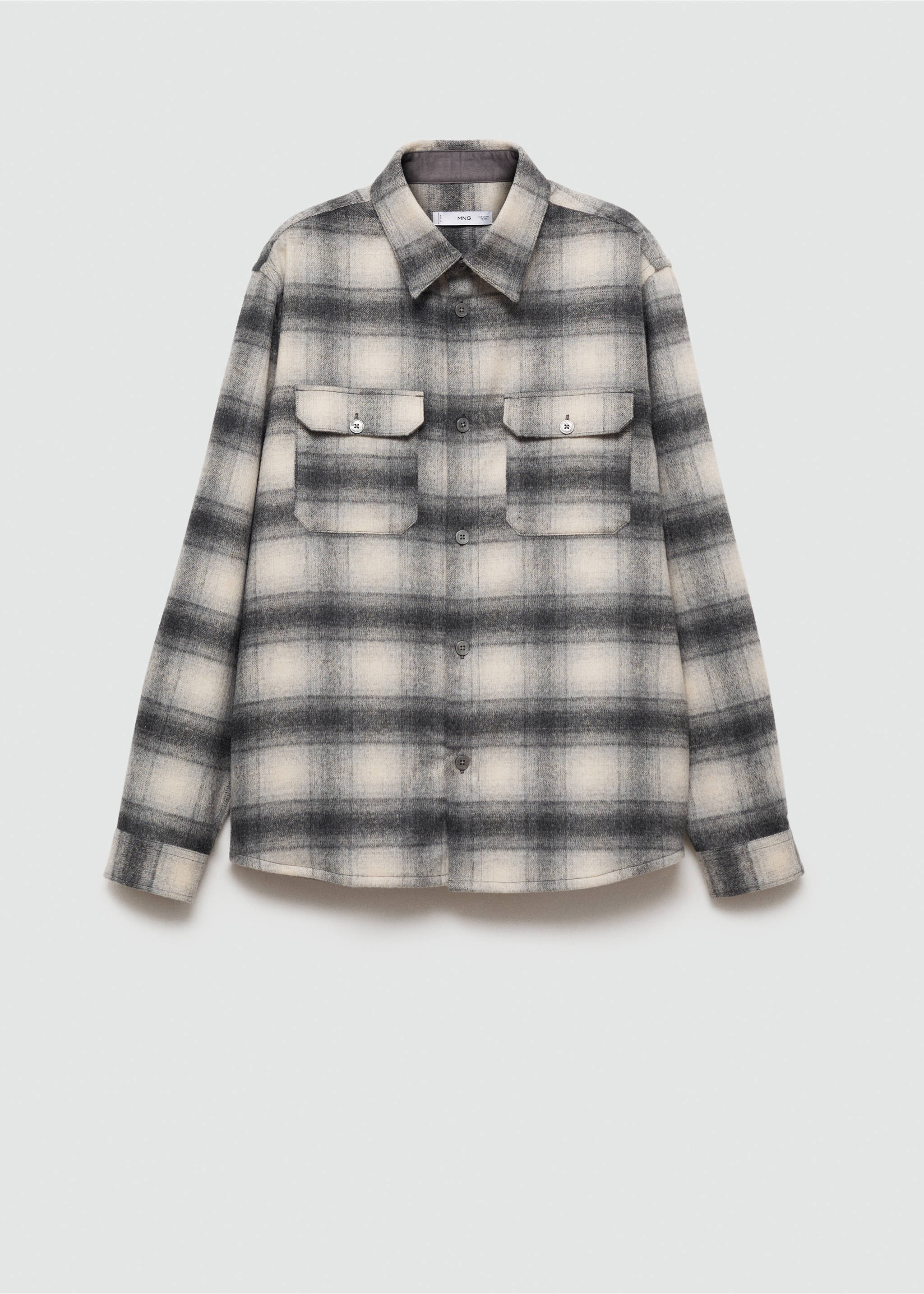 Plaid wool overshirt with pockets - Article without model, Grey. Ref: 77077923-00.