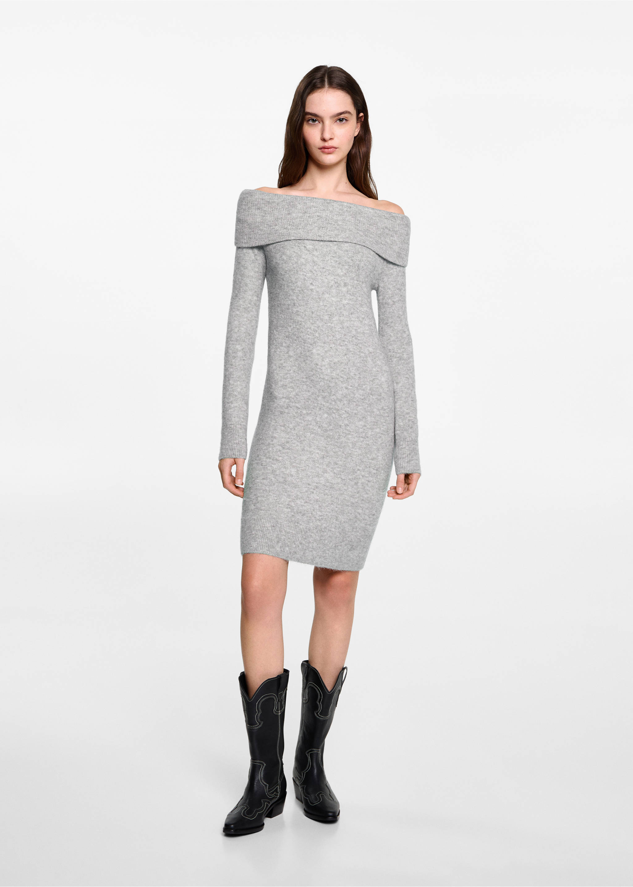 Schulterfreies Kleid - Allgemeine Ansicht, Hellgrau meliert. Ref: 77078273-00.