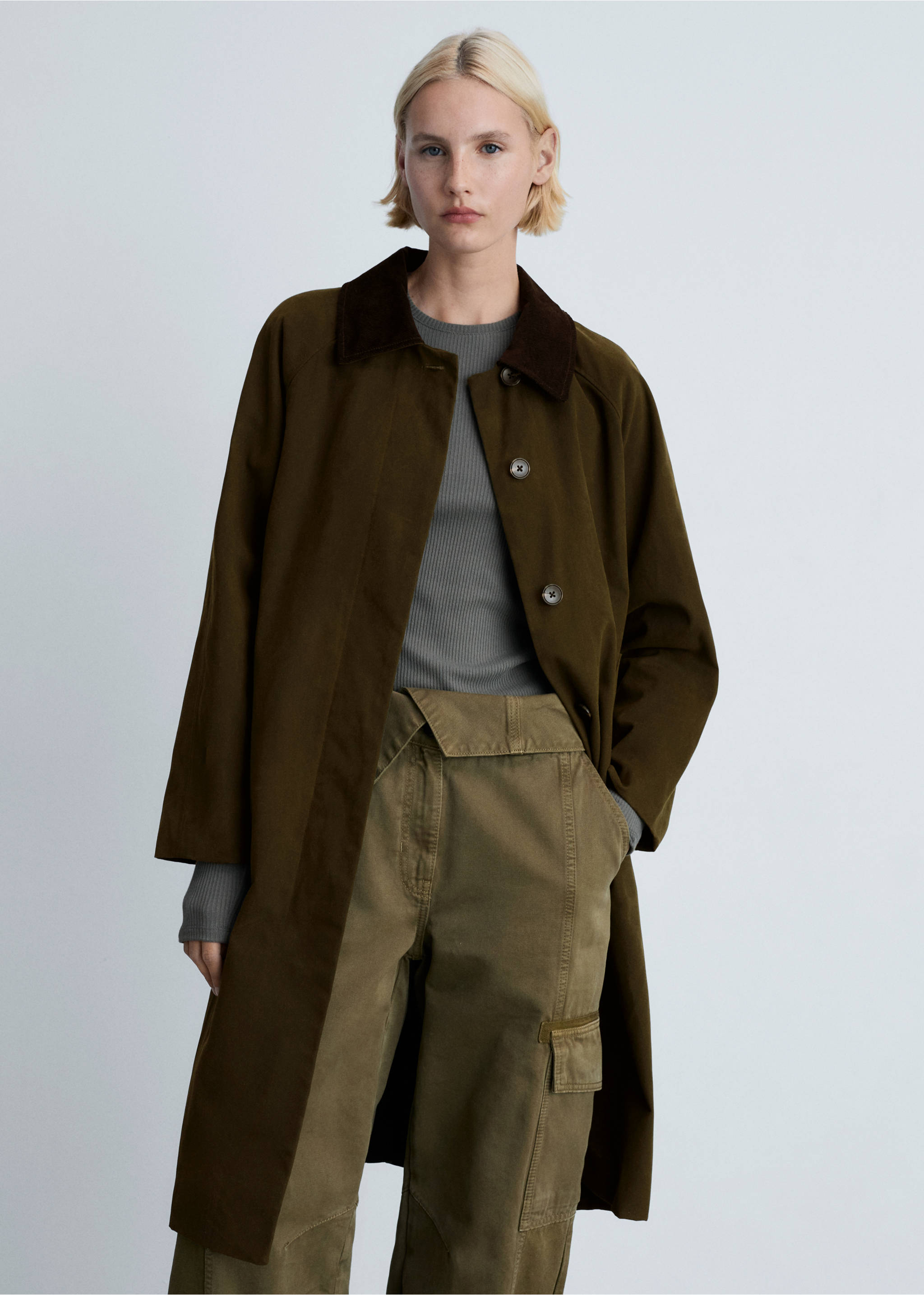 Long corduroy collar parka - Medium plane, Khaki. Ref: 77078277-00.