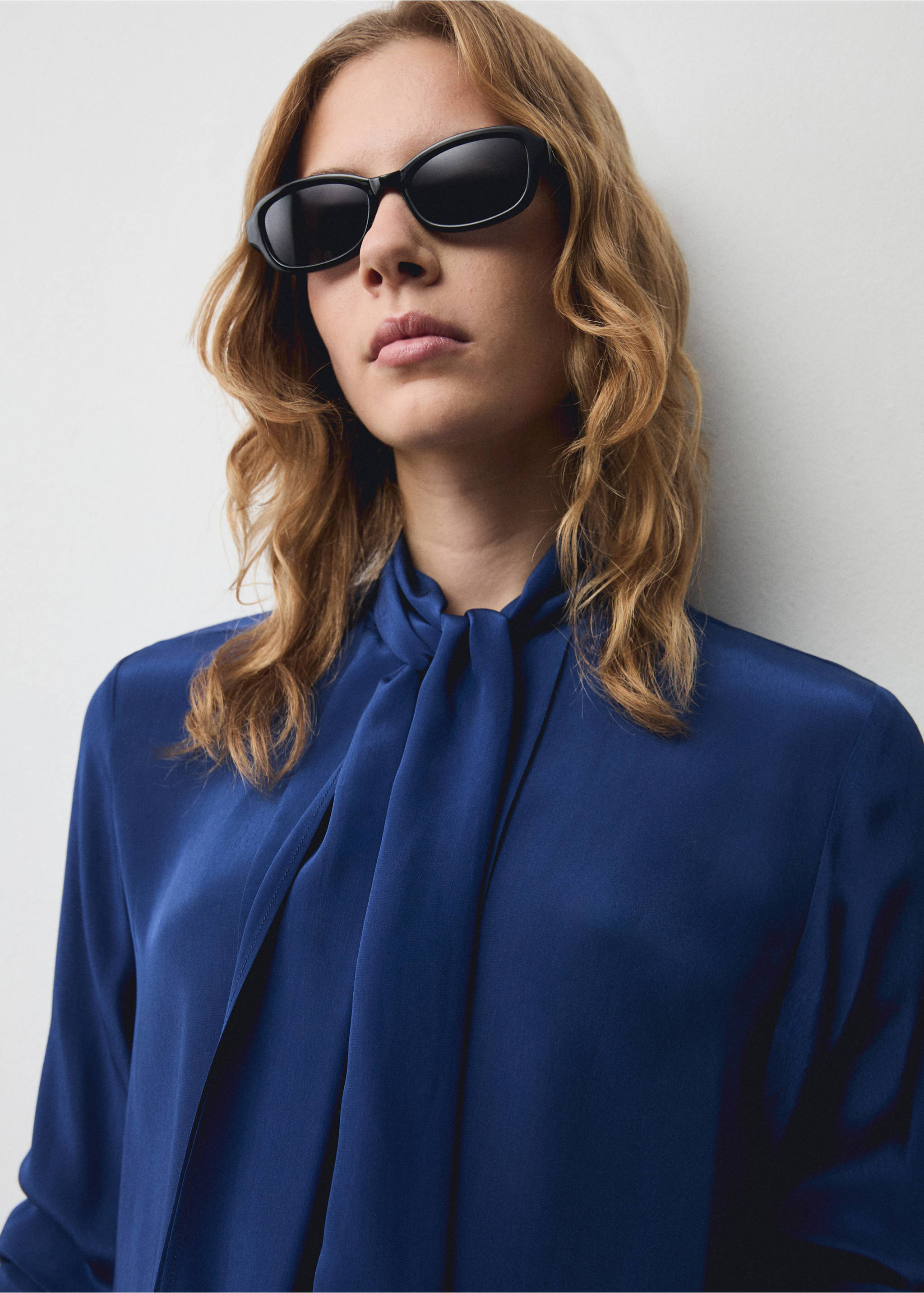 Satin shirt with bow - Details of the article 1, Medium Brown. Ref: 77079055-00.