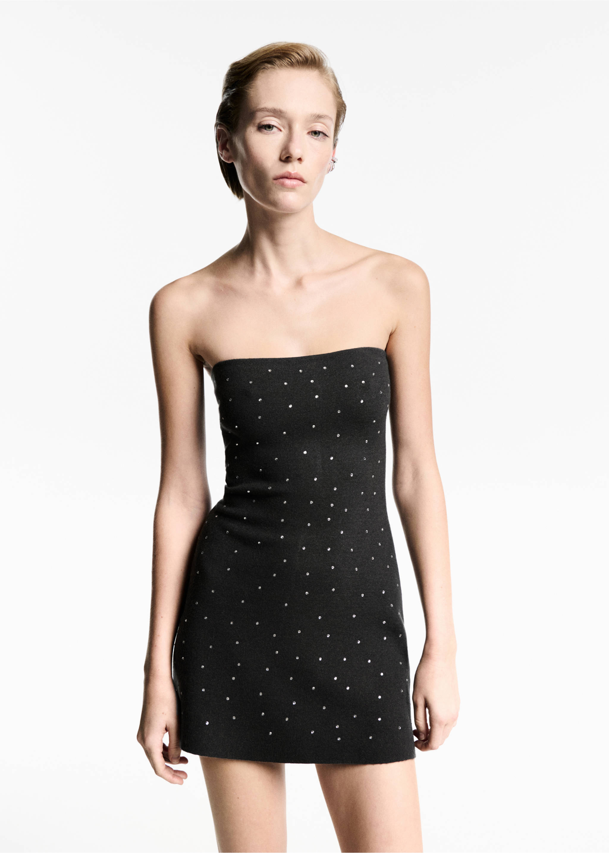 Vestido punto detalle strass - Plano medio, Gris. Ref: 77079059-00.