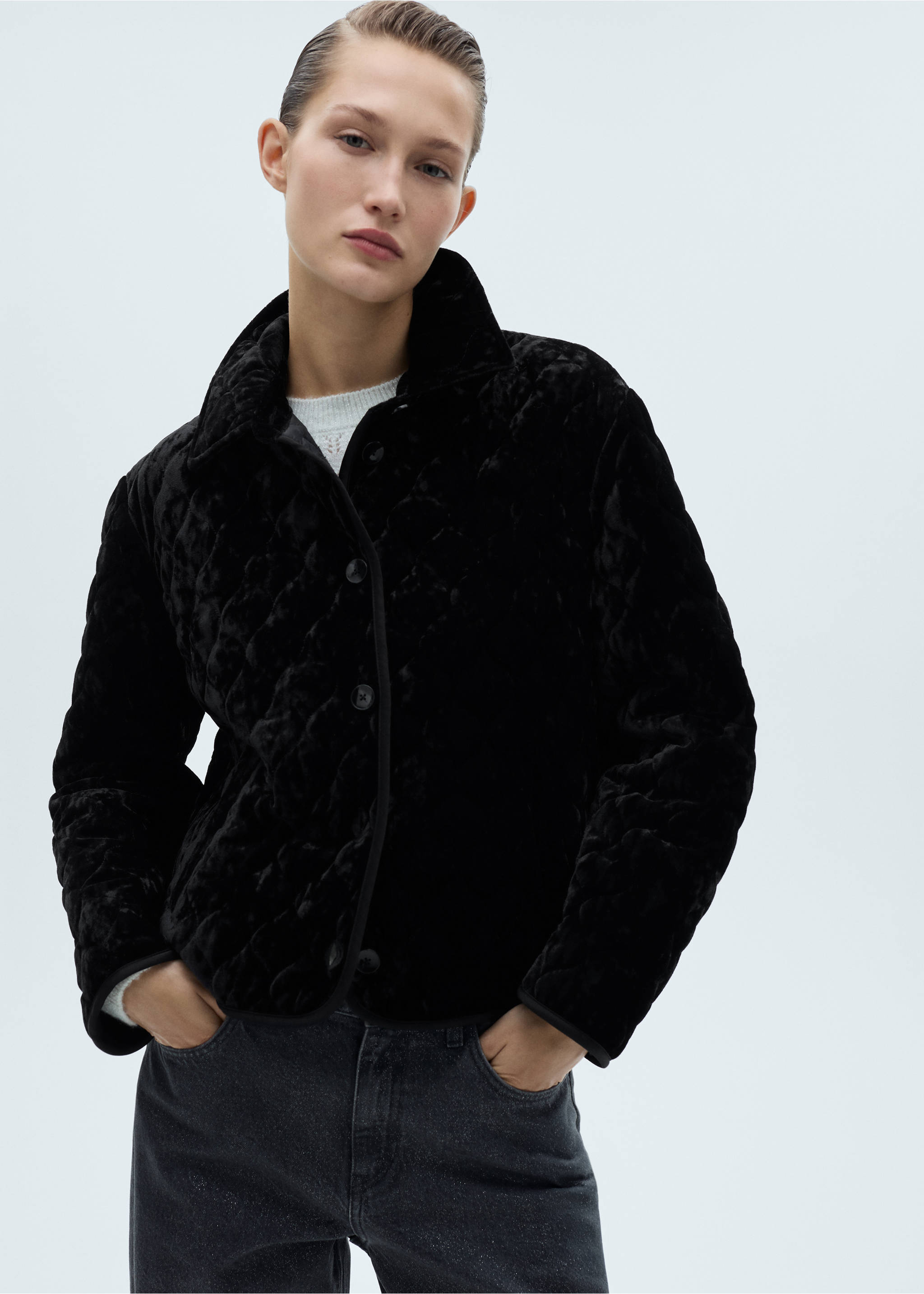 Reversible quilted velvet jacket - Medium plane, Black. Ref: 77079066-00.