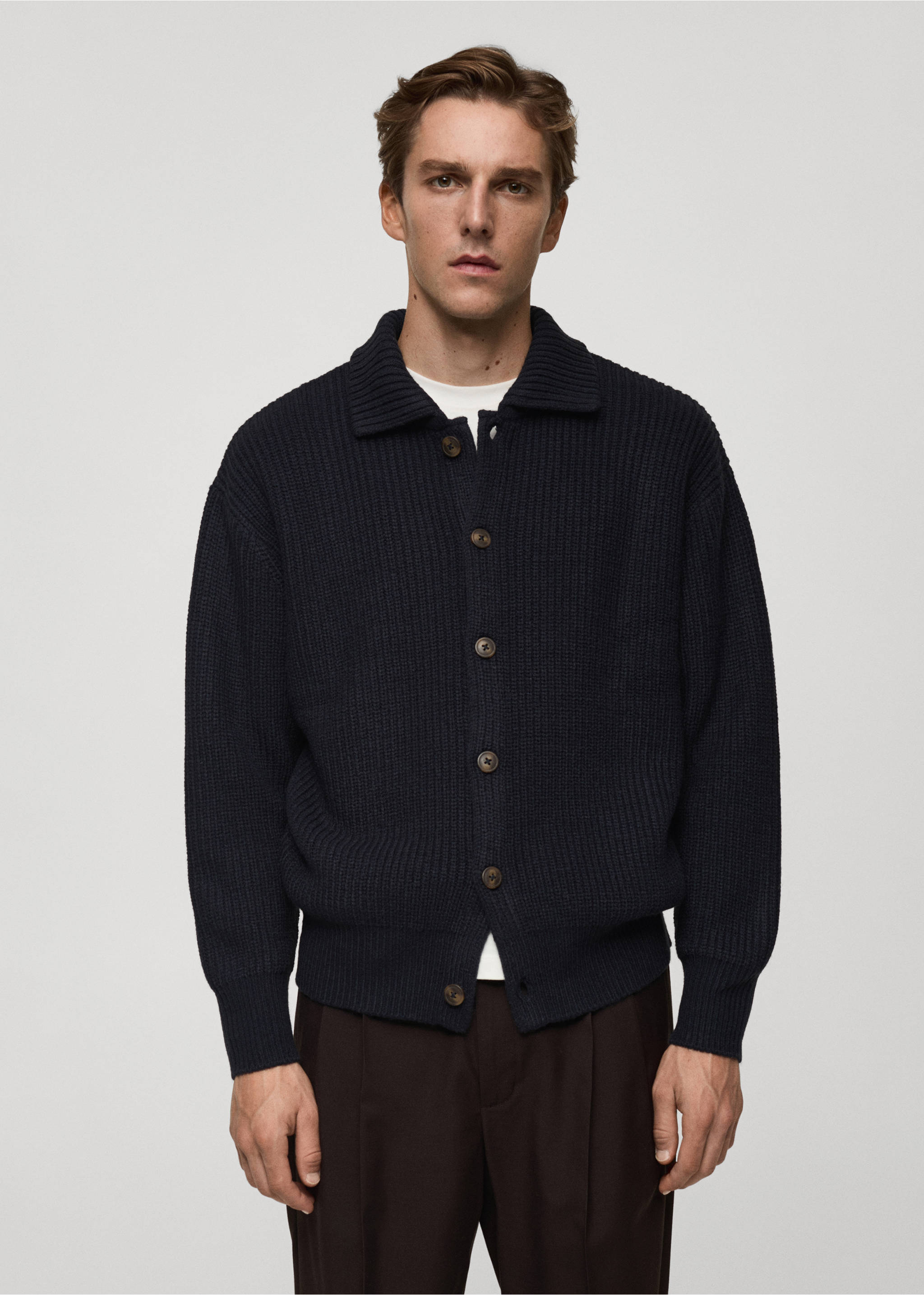 Žebrovaný kardigan relax fit - Náhled ve středové rovině, Námořnická modrá. Ref: 77079228-00.