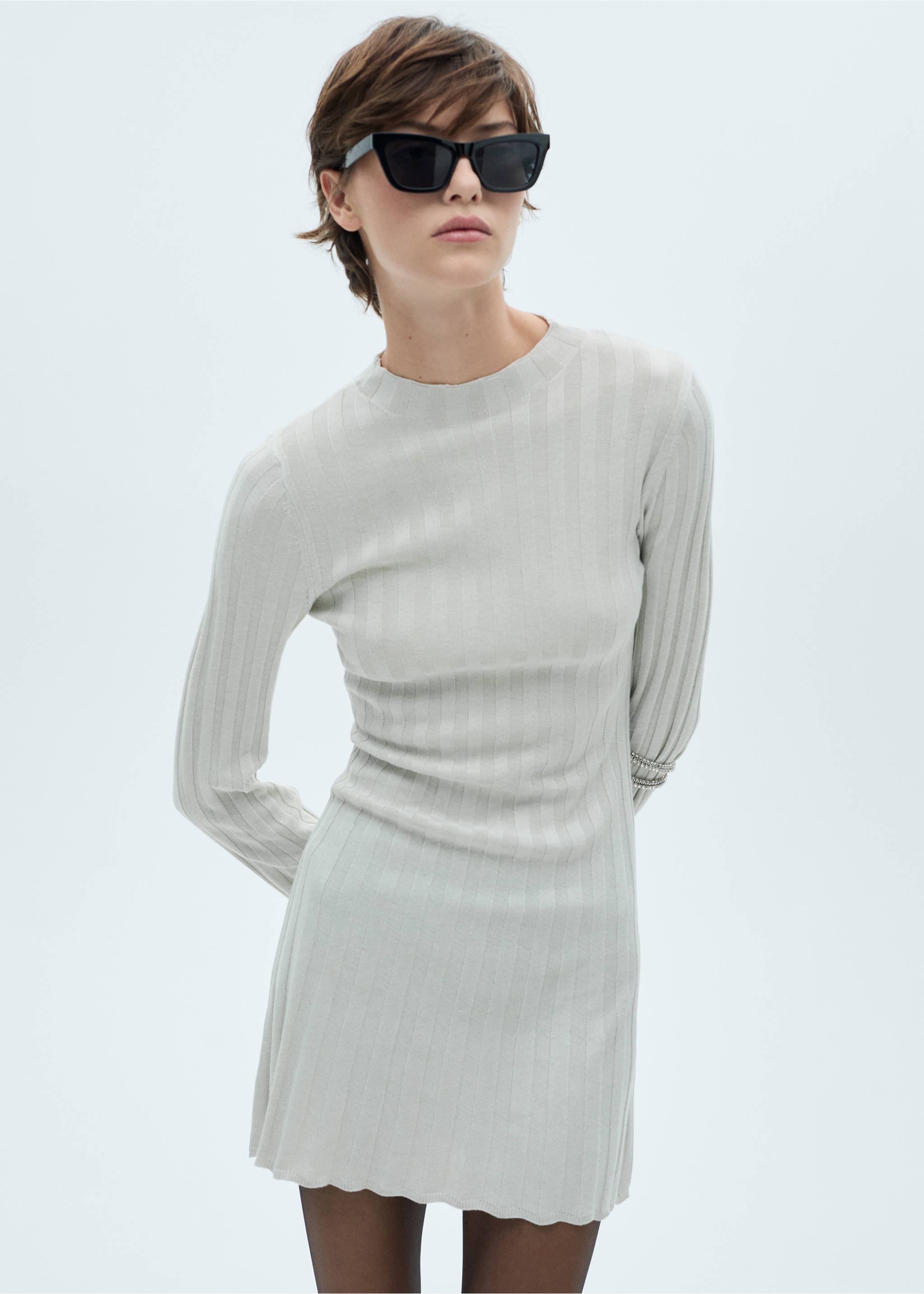Perkins-neck knitted dress - Medium plane, Beige. Ref: 77079406-00.