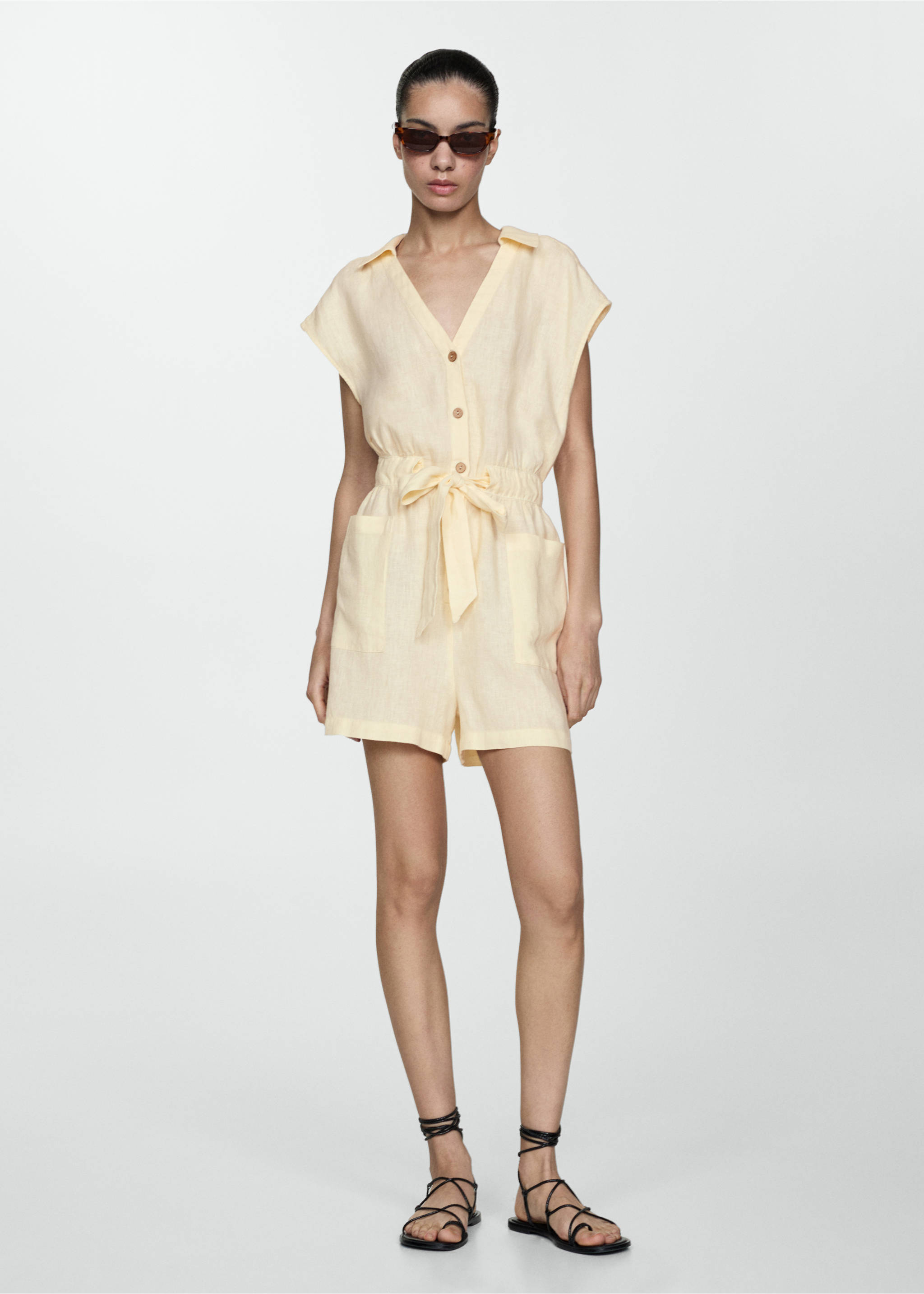 Short linen jumpsuit with bow - General plane, Pastel Yellow. Ref: 77080352-00.