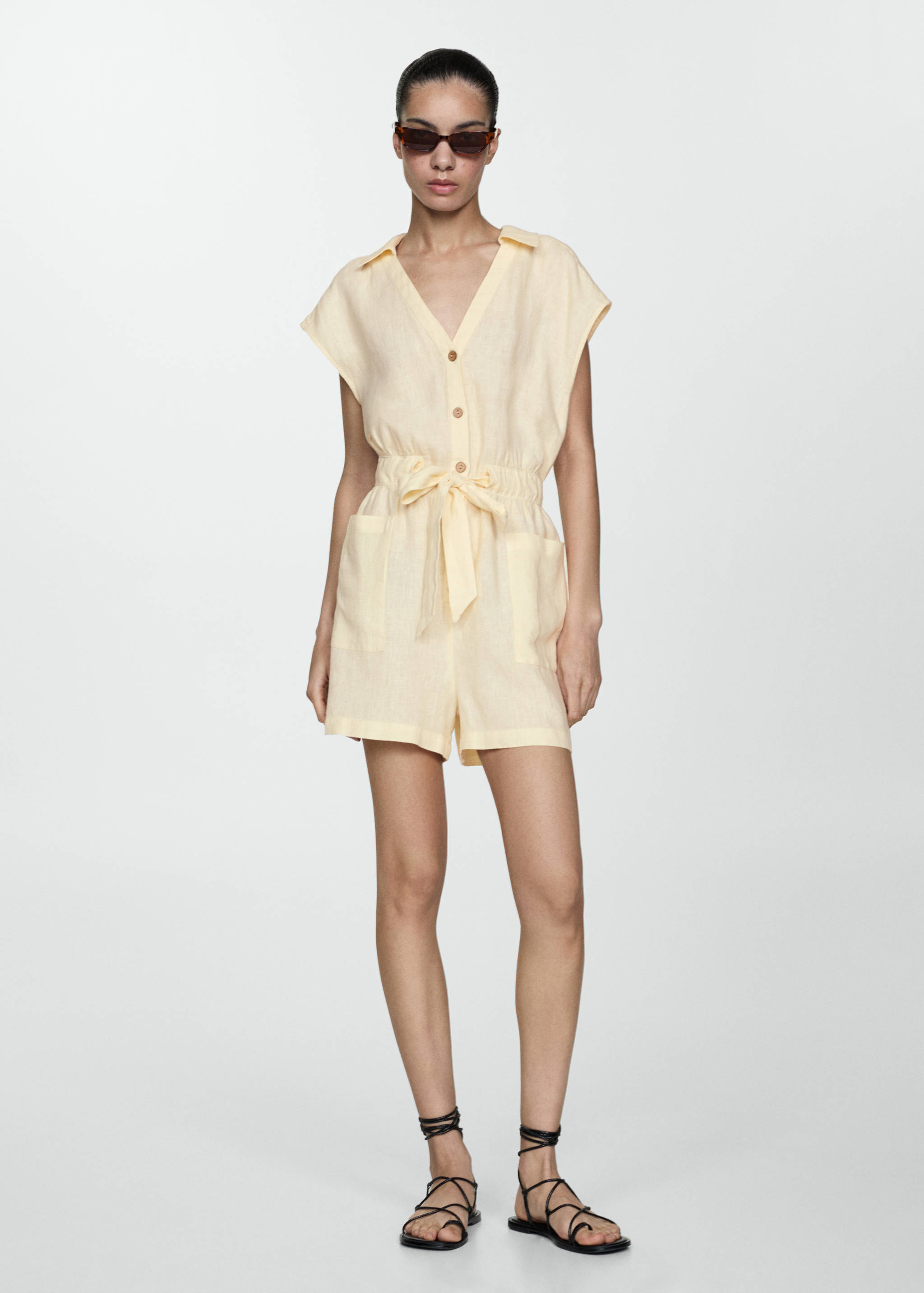 Korte linnen jumpsuit met strik - Overzichtstekening