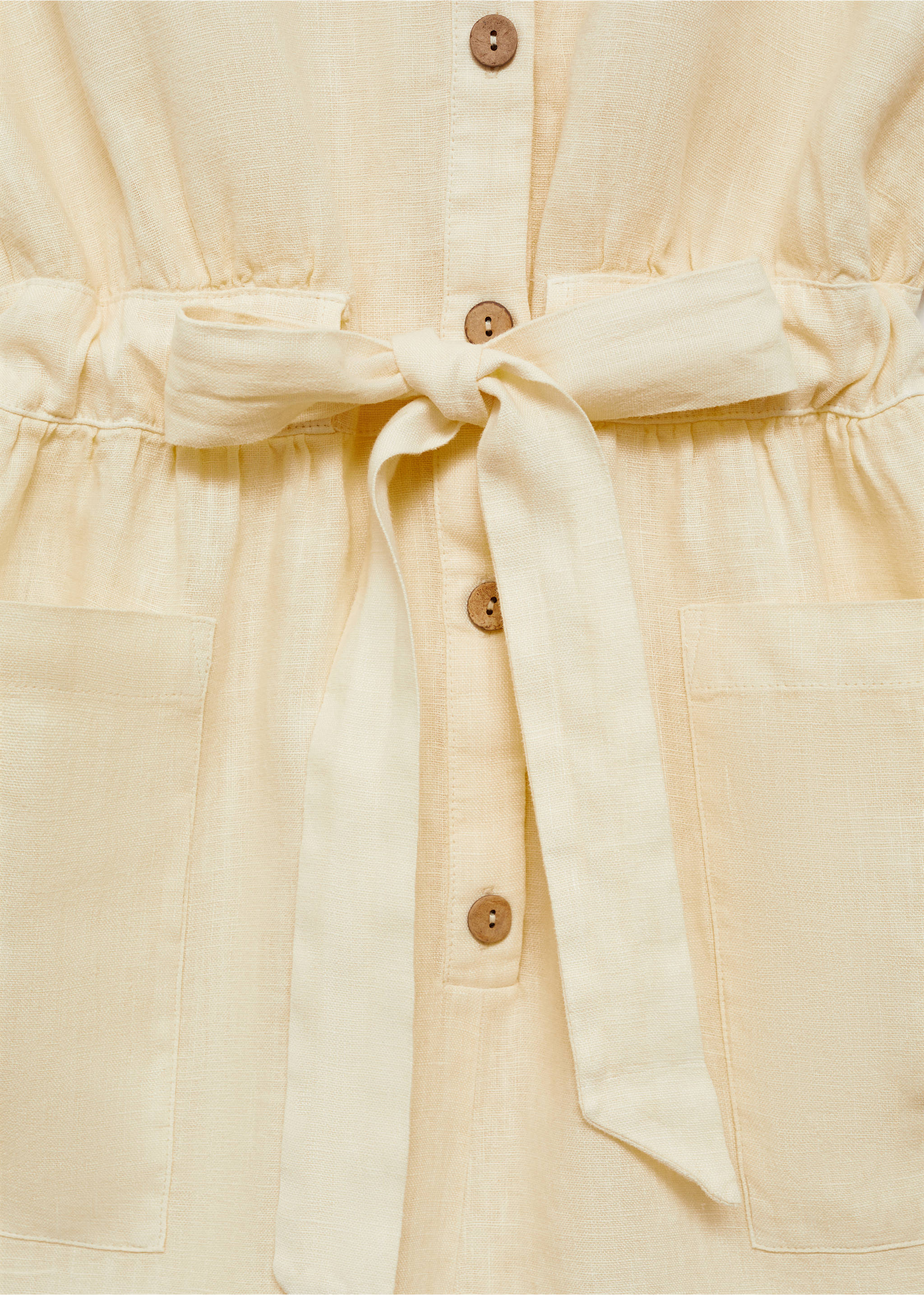 Short linen jumpsuit with bow - Details of the article 8, Pastel Yellow. Ref: 77080352-00.
