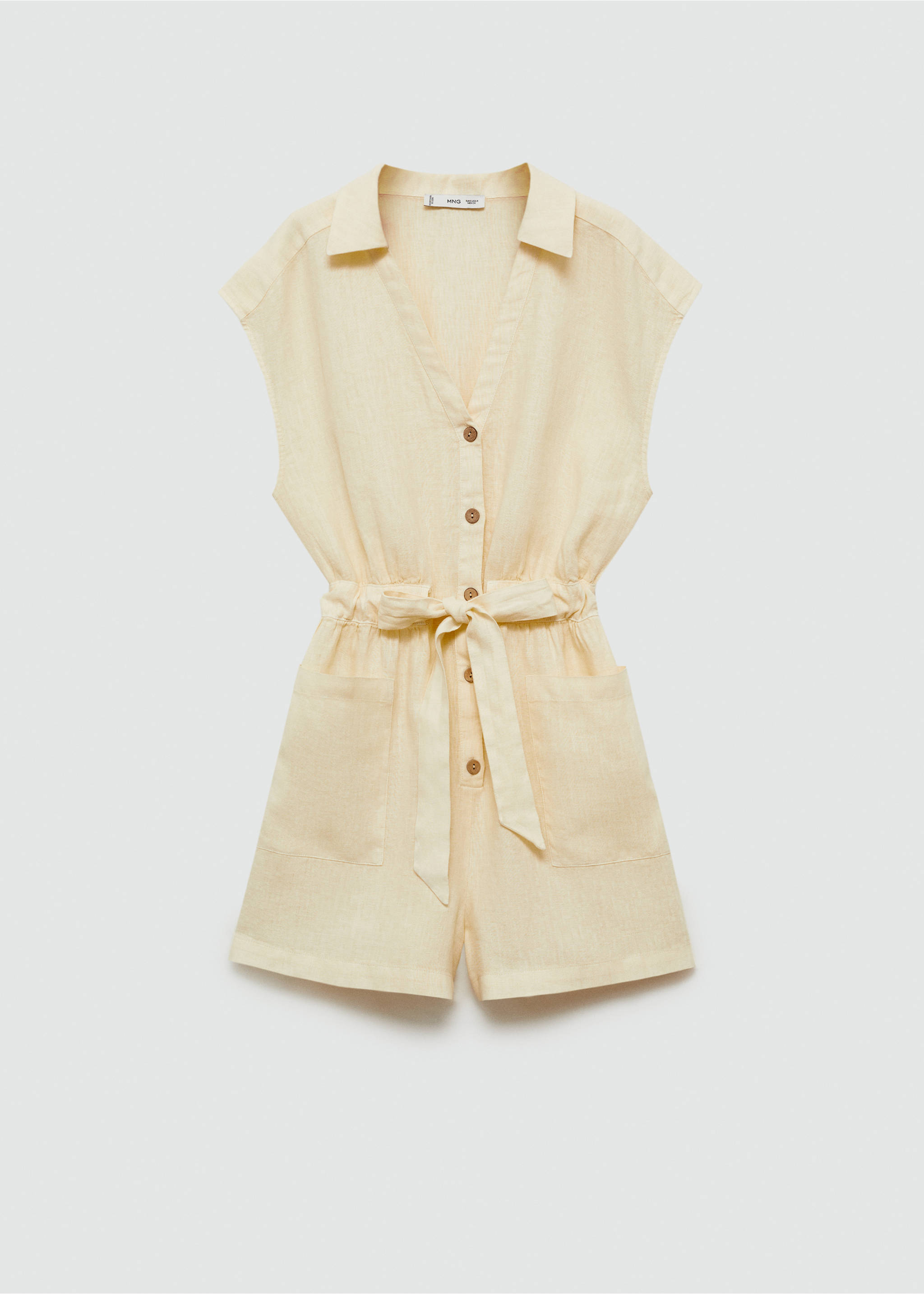Short linen jumpsuit with bow - Article without model, Pastel Yellow. Ref: 77080352-00.
