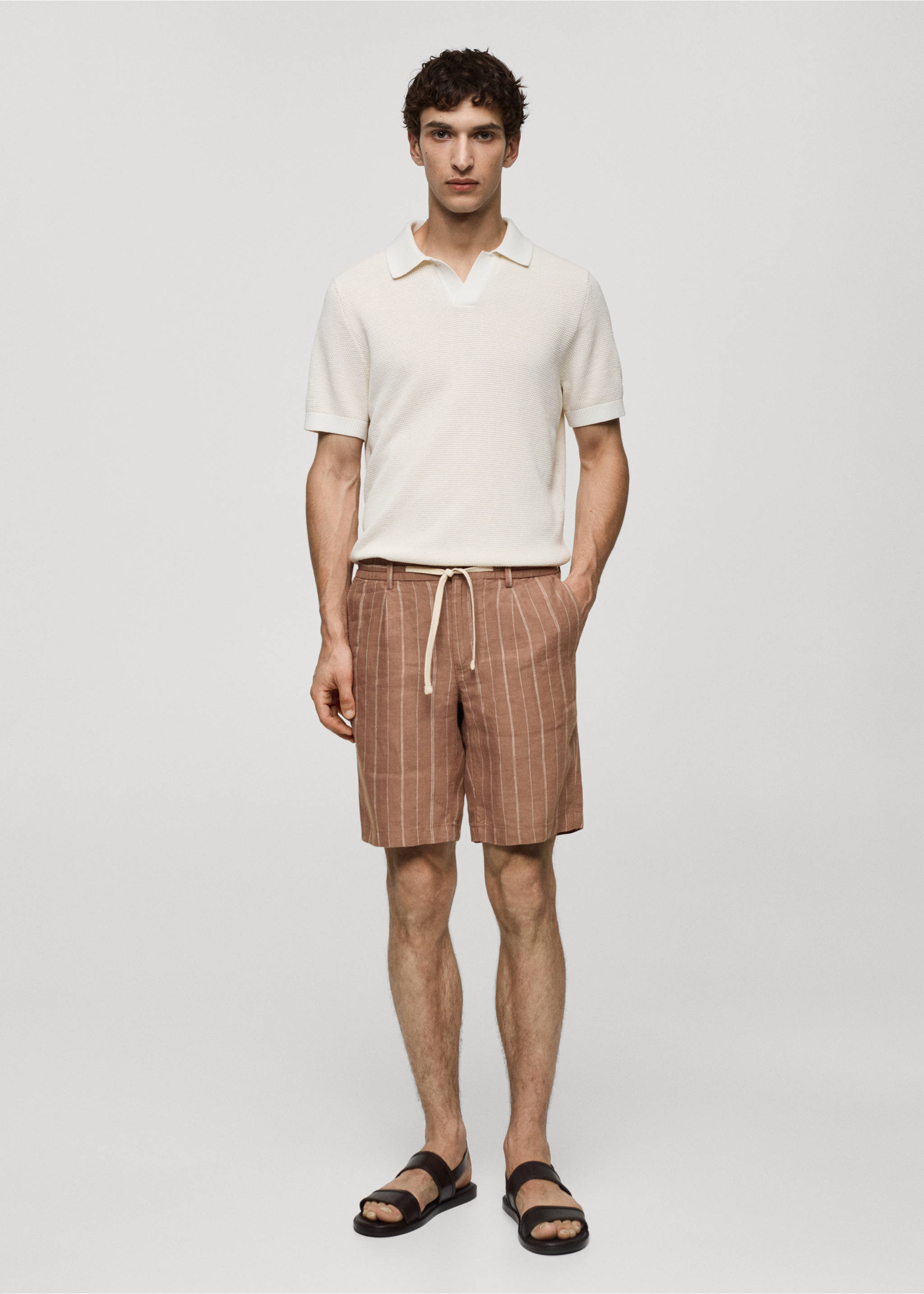 100% linen striped bermuda shorts with drawstring - General plane, Wine. Ref: 77080562-00.
