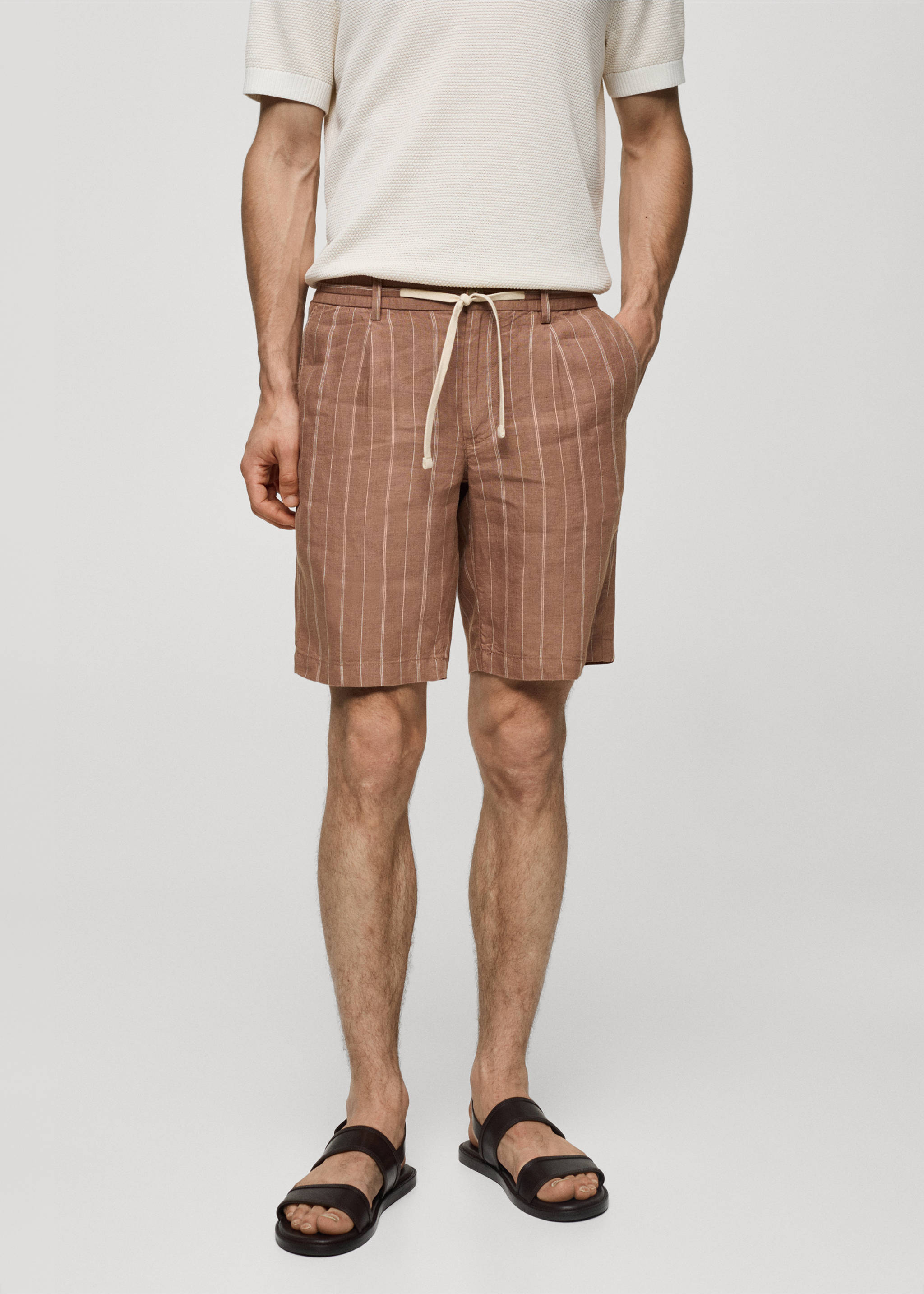 100% linen striped bermuda shorts with drawstring - Medium plane, Wine. Ref: 77080562-00.