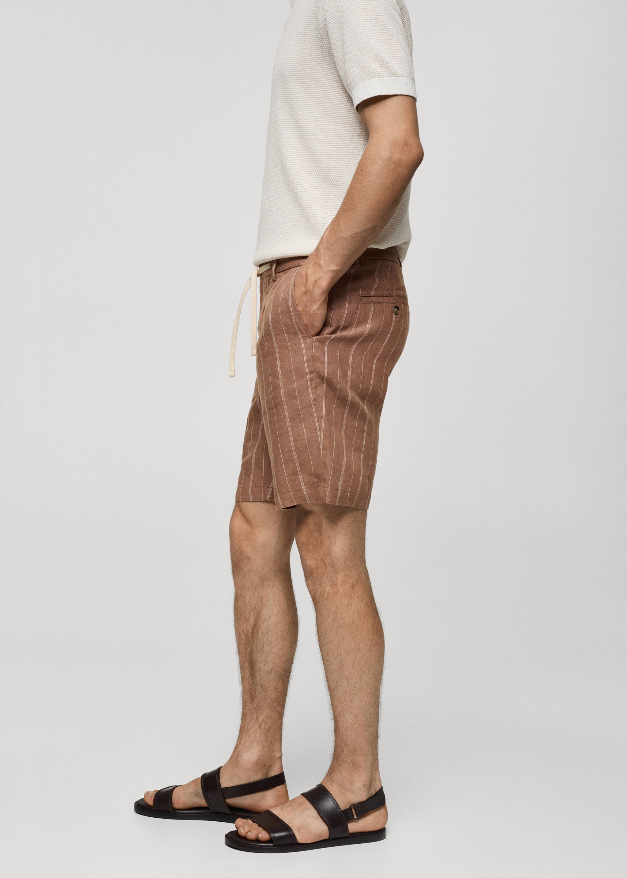 100% linen striped bermuda shorts with drawstring - Details of the article 2, Wine. Ref: 77080562-00.