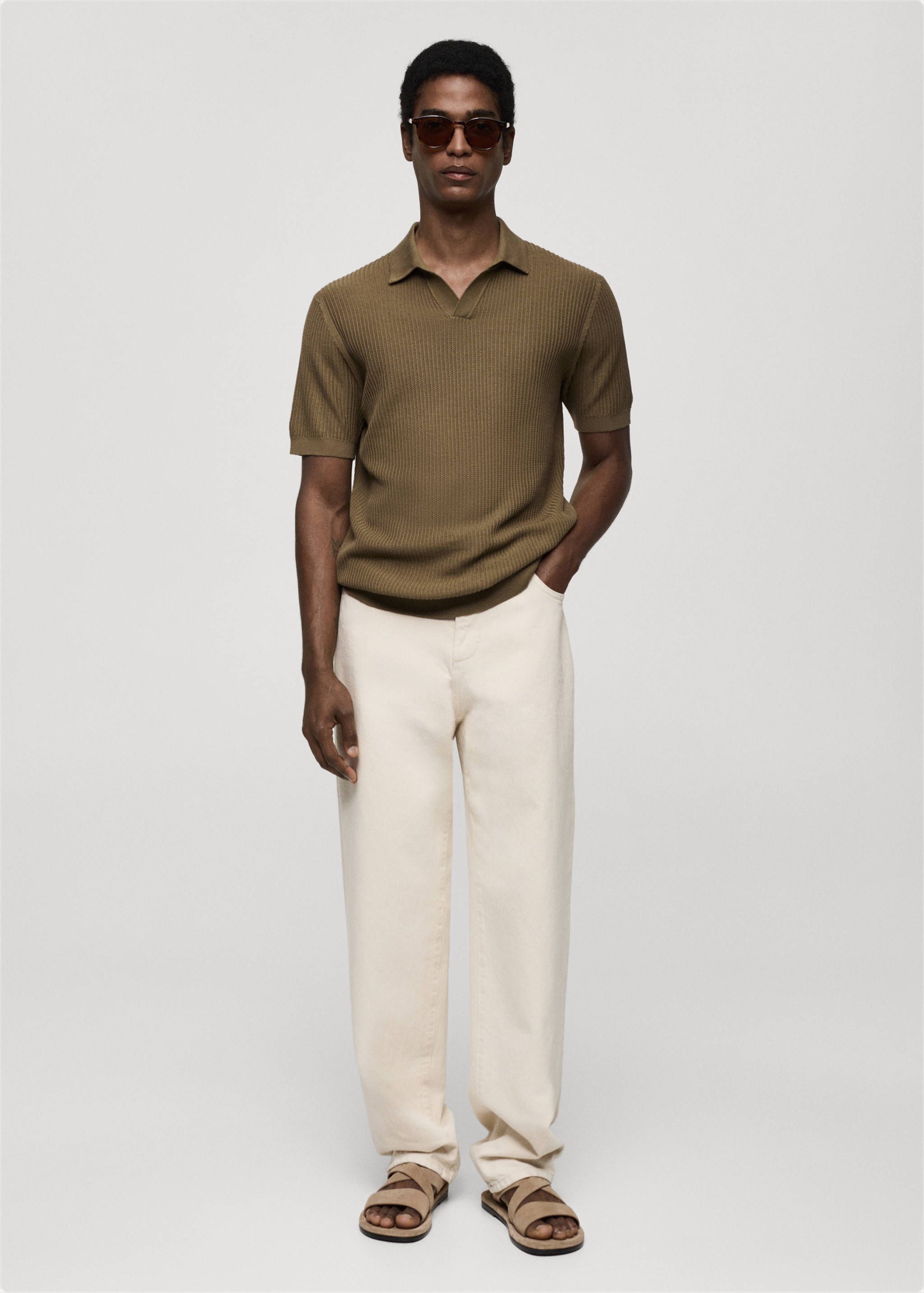 Ribbed cotton knitted polo shirt - General plane